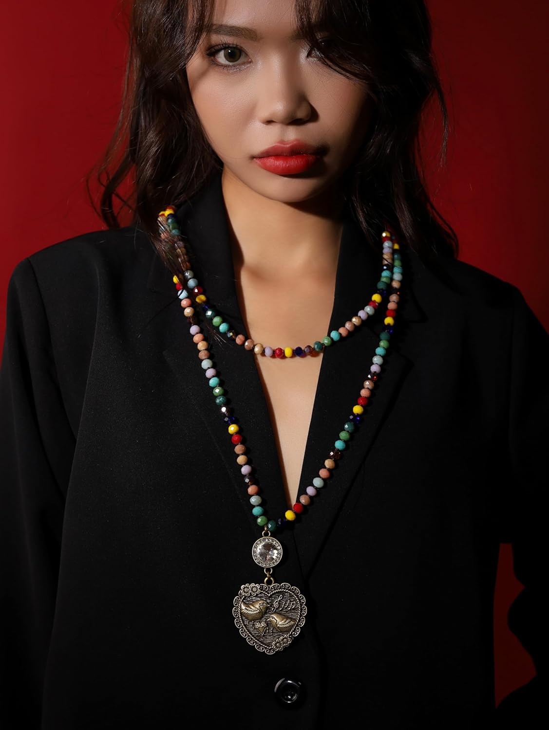 MINACHI Long Beaded Necklace for Women, Boho Layered Red Green Gold-Toned Faceted Bead Necklace with Vintage Bronze Heart Pendant, Hippie Christmas Jewelry - Image 5