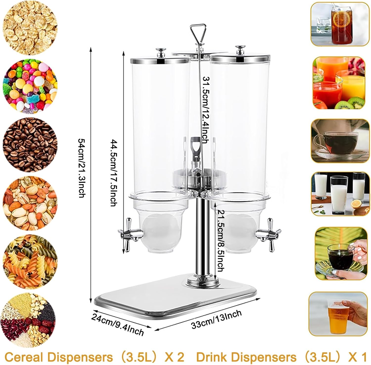 Cereal Dispenser, 360° Rotating Beverage Dispenser 10.5L Multi-function Large Capacity Stainless Steel Three-head Dry Food Dispenser For Pantry Hotel Cafeteria