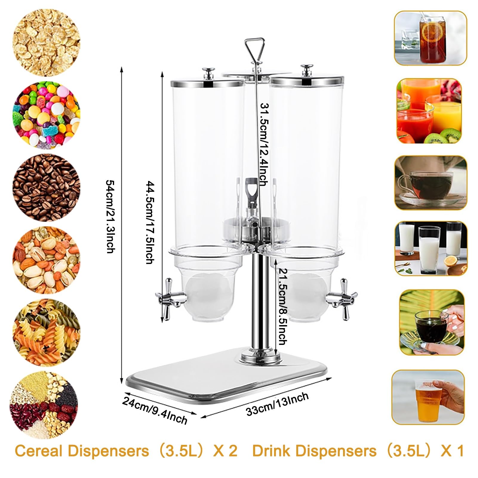 Dispensador de cereales y bebidas de gran capacidad, dispensador giratorio de alimentos secos y jugos de acero inoxidable para té helado, cerveza
