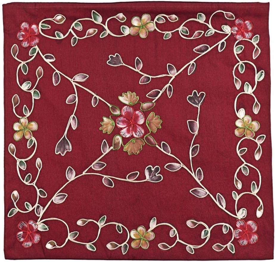 Cotton Decorative Indian Embroidered Throw Pillow Cover with Floral Design 16x16 Inches - Red