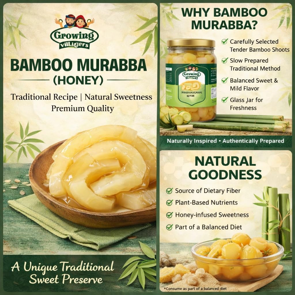 Growing Villagers Bamboo Murabba in Honey 600g (21.16 oz) | Ready to Eat Bamboo Shoots Sweet Preserve | Fiber Rich Traditional Indian Murabba | Honey Soaked Natural Energy Dessert | Premium Glass Jar