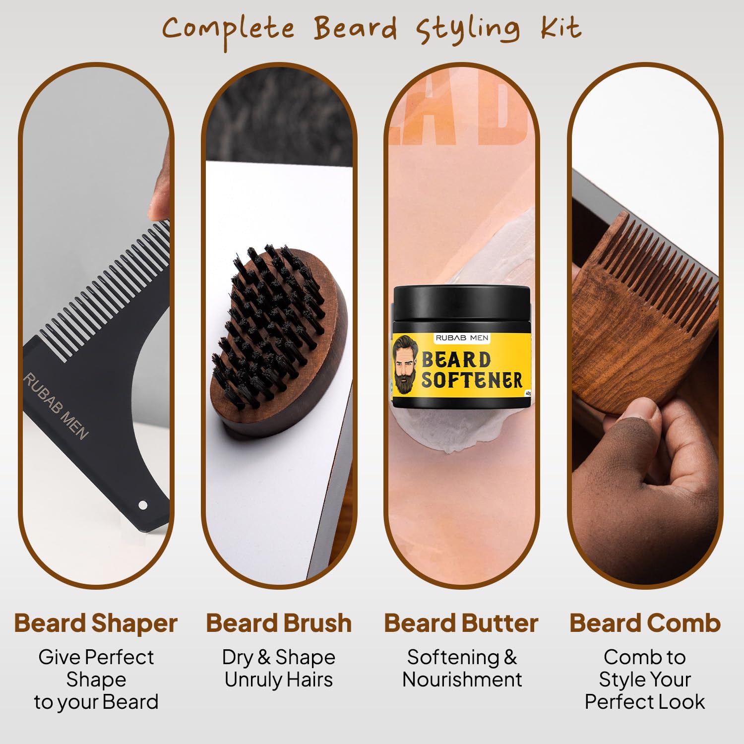 RUBAB MEN Beard Styling Kit of 4| Beard Brush + Softener + Shaper + Comb 1