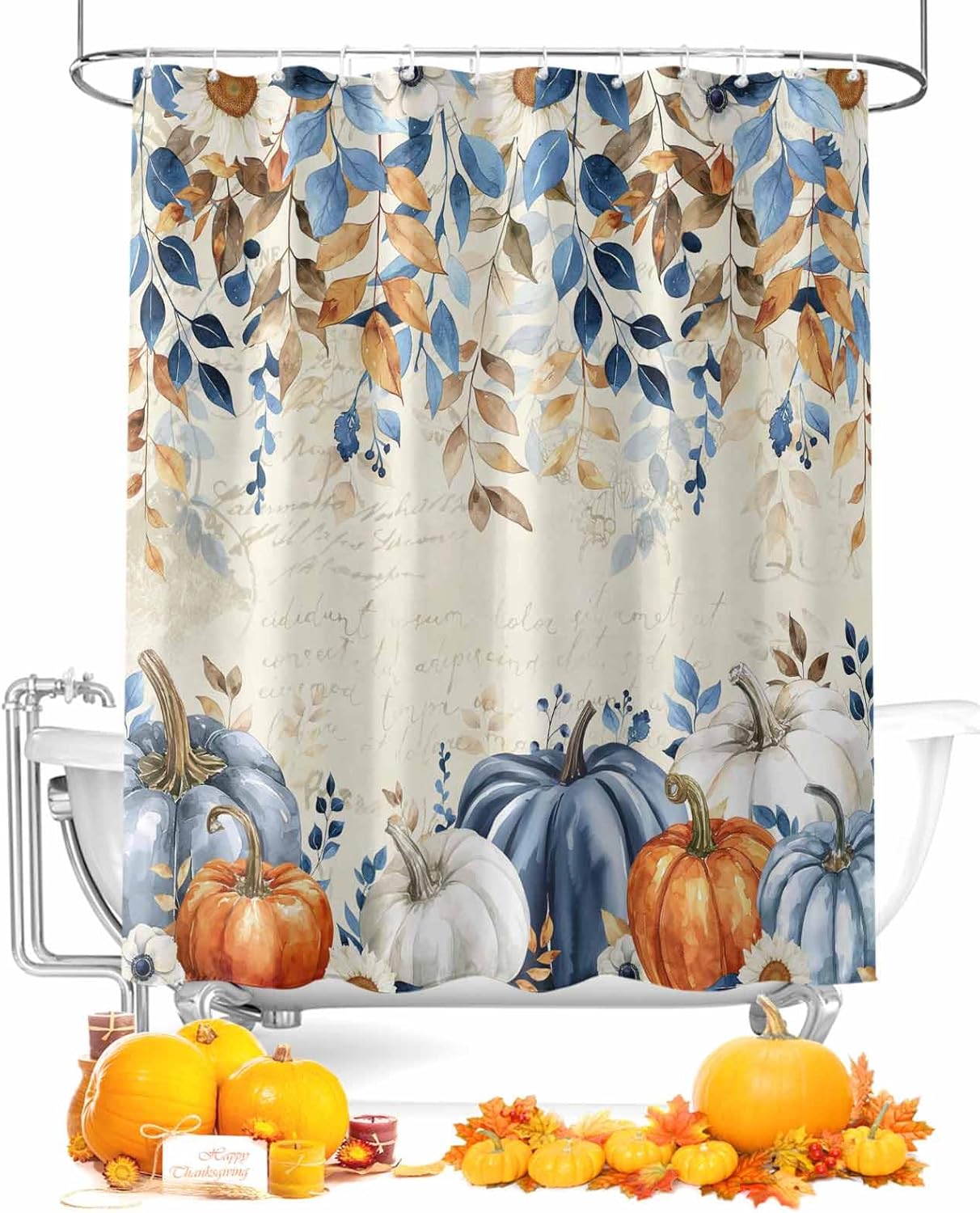 Fall Blue Pumpkins Shower Curtain Set - Small 36" x 72" Thanksgiving Orange Gray Washable Curtain with 12 Hooks, Botanical Rustic Waterproof Fabric Stall Shower Curtains for Bathroom
