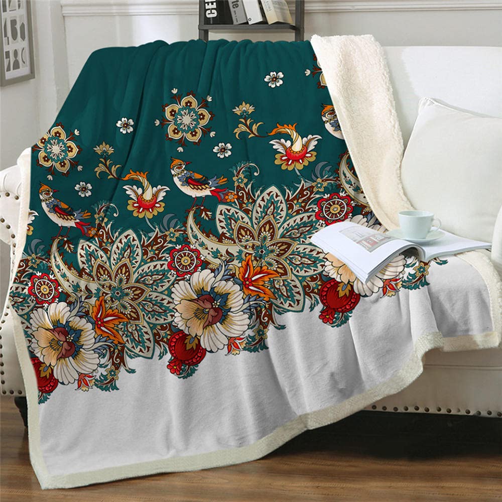 BCJMKDX Blanket, Sherpa Throw Blanket Blue Fleece Throws Blankets for Sofas Super Warm(Flowers and Birds,130x150cm)
