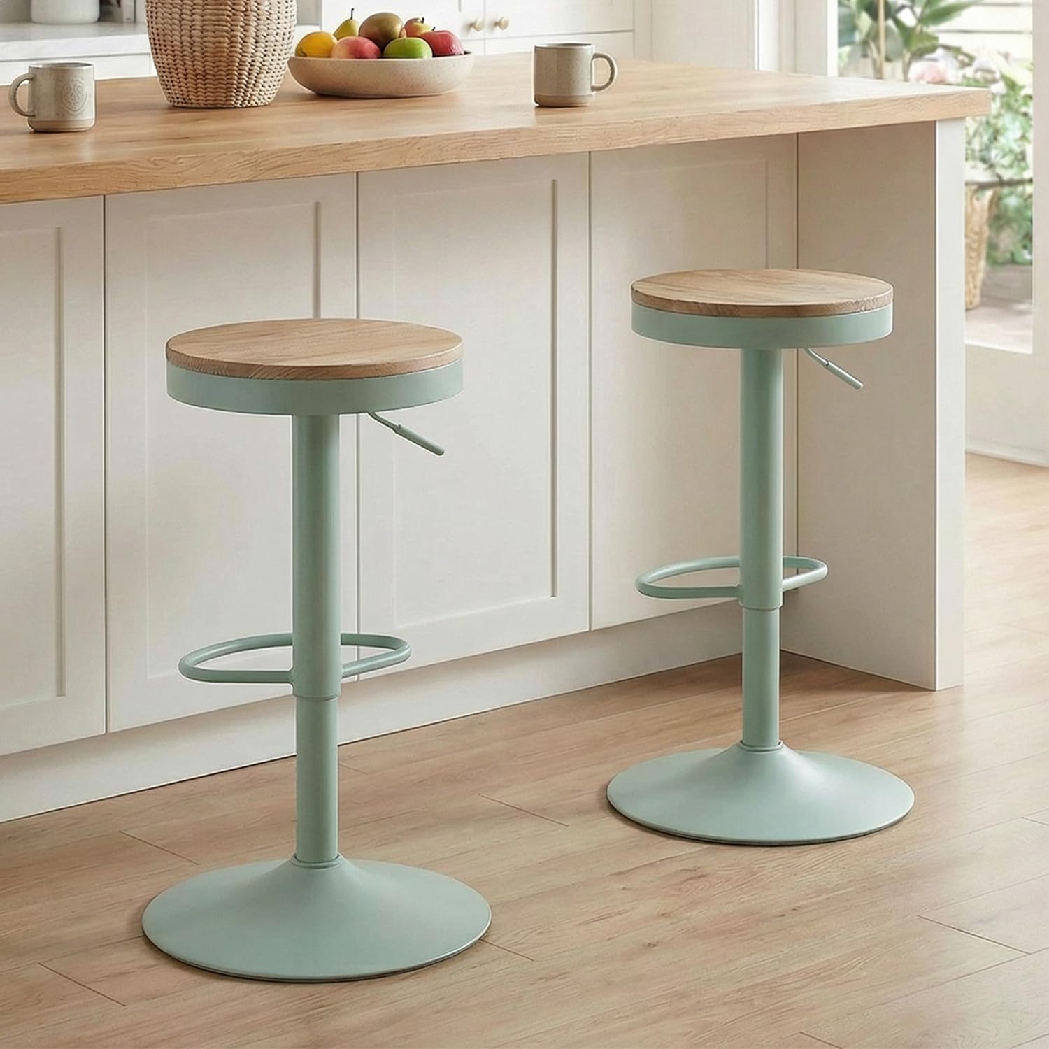 Kidol & Shellder Barhocker 2er Set Minzgrün, Höhenverstellbar 56-80cm, Drehbar, Ohne Lehne, Holz Sitzfläche, Mit Fußrasten, Küchenbarhocker