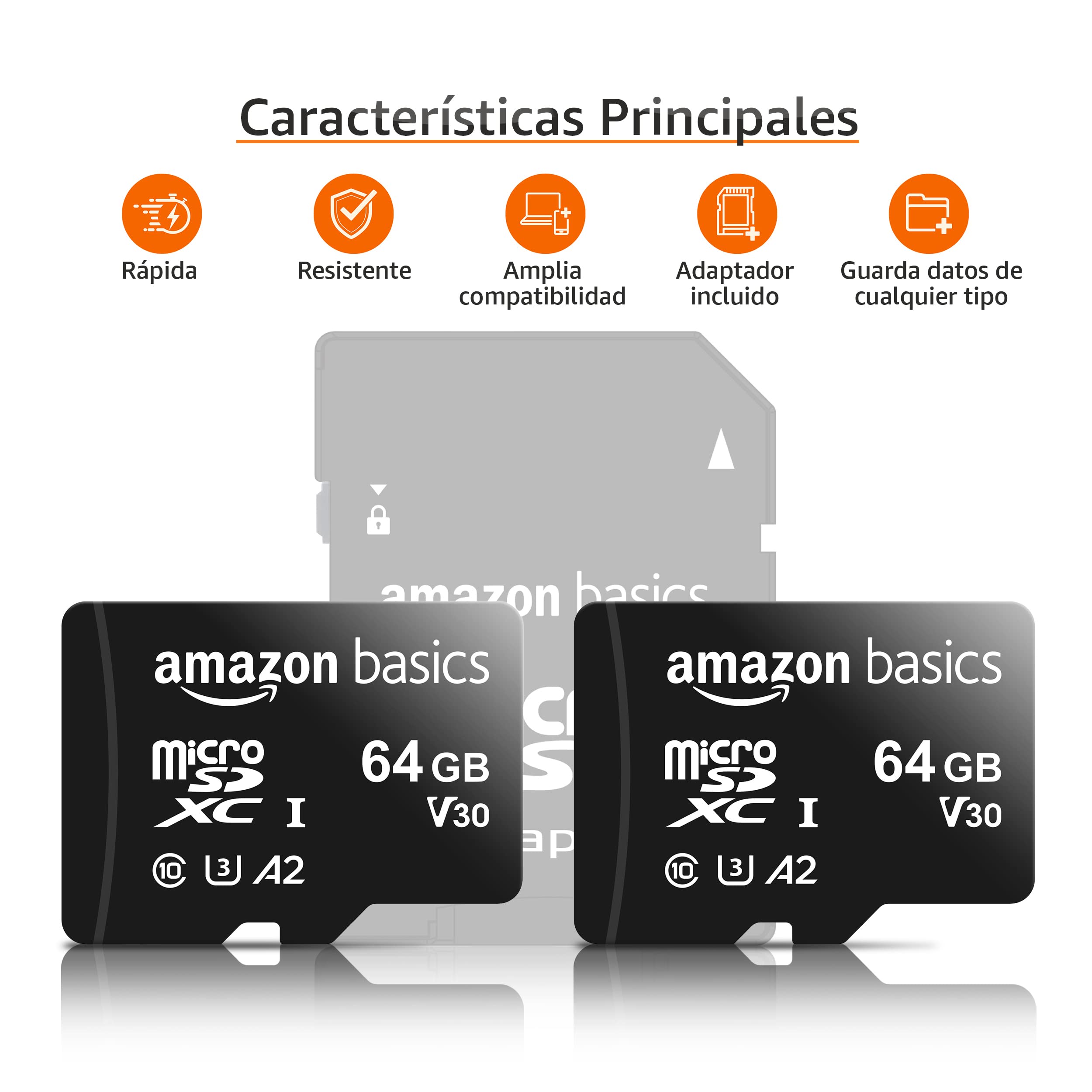 Amazon Basics Tarjeta de memoria microSDXC con adaptador de tamaño completo, A2, U3, velocidad de lectura de hasta 100 MB/s, 64 GB, negra (paquete de 2) - 2