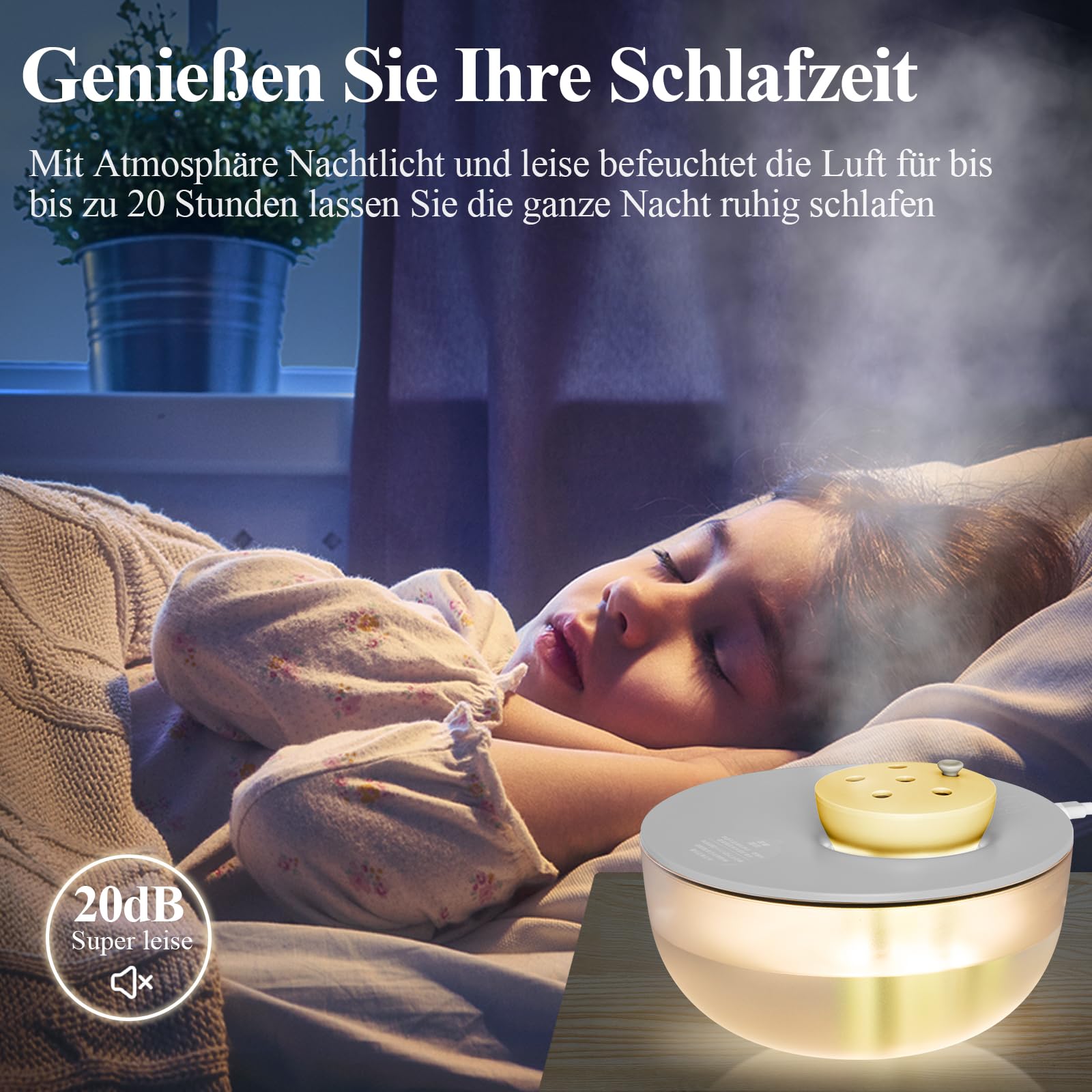 Mini nawilżacz powietrza z oświetleniem, 20 dB, cichy, 6-biegowy, regulowany humidifier, pojemność mgły 300 ml/h, z elementem filtrującym (szary)