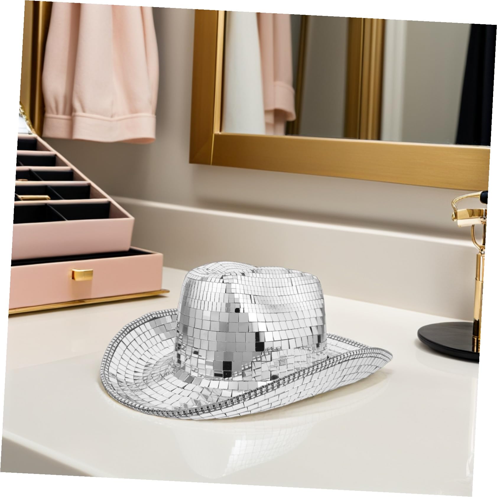 Sombrero de Vaquera Plateado Brillante Diseño Espejo | Talla 38x29x13cm, Acabado Reluciente, Estilo Western para Escenario y Festivales