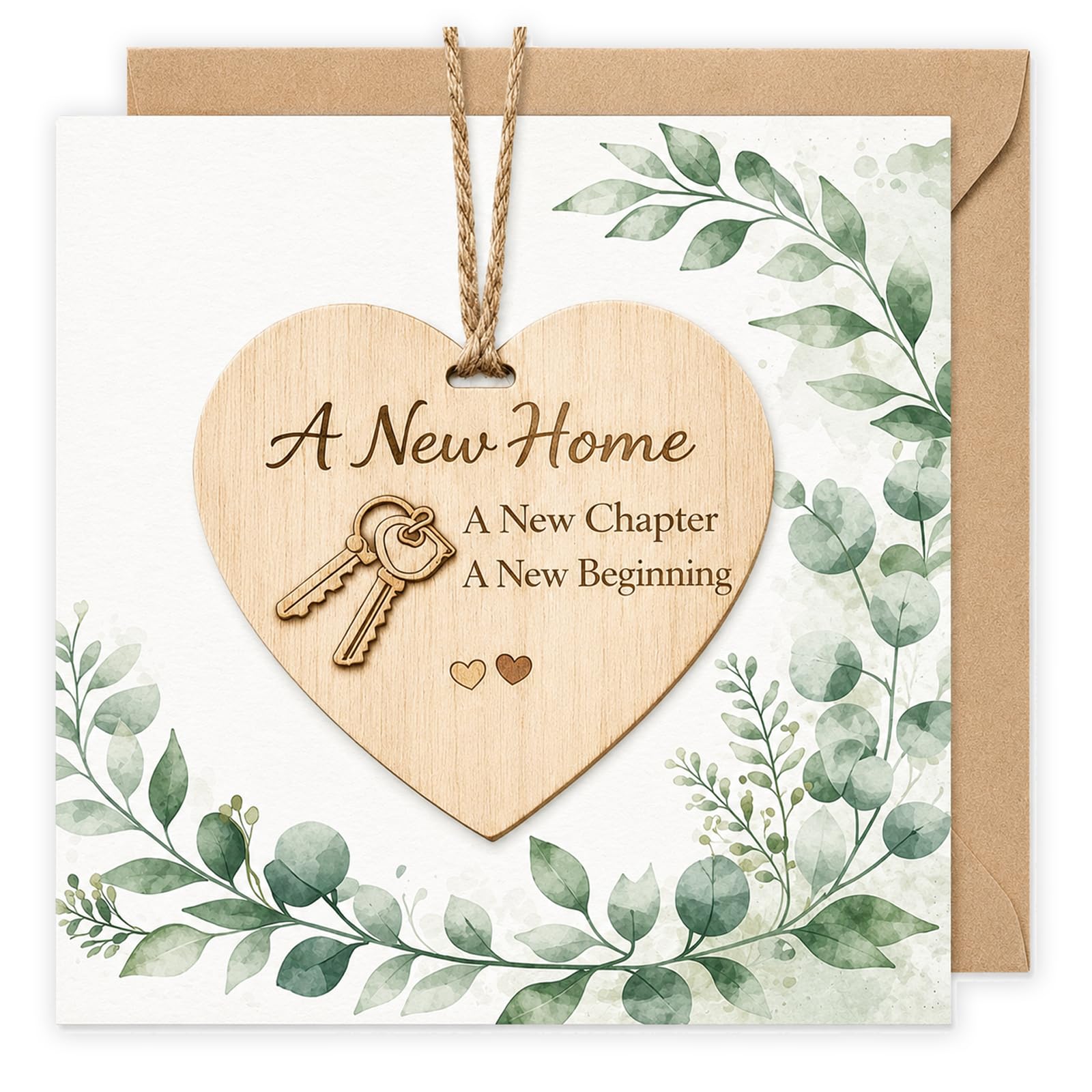 4 Piece New Home Card Set, Wooden Heart Plaque with Jute String Greeting Card Envelope, Housewarming Keepsake Gift, New Home Gifts, Moving House Present for Friends Family Couples Colleagues