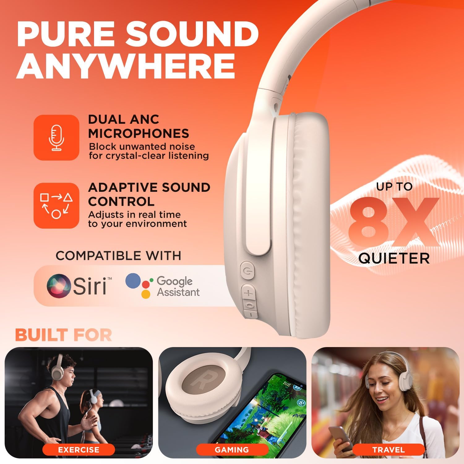 HyperGear Headphones Wireless - Bone Active Noise Cancelling Headphones Over Ear Bluetooth HD Audio Deep Bass Dual Noise Canceling Mics ANC Gym Headphone Wireless Over Ear Sound Cancelling Foldable - Image 3