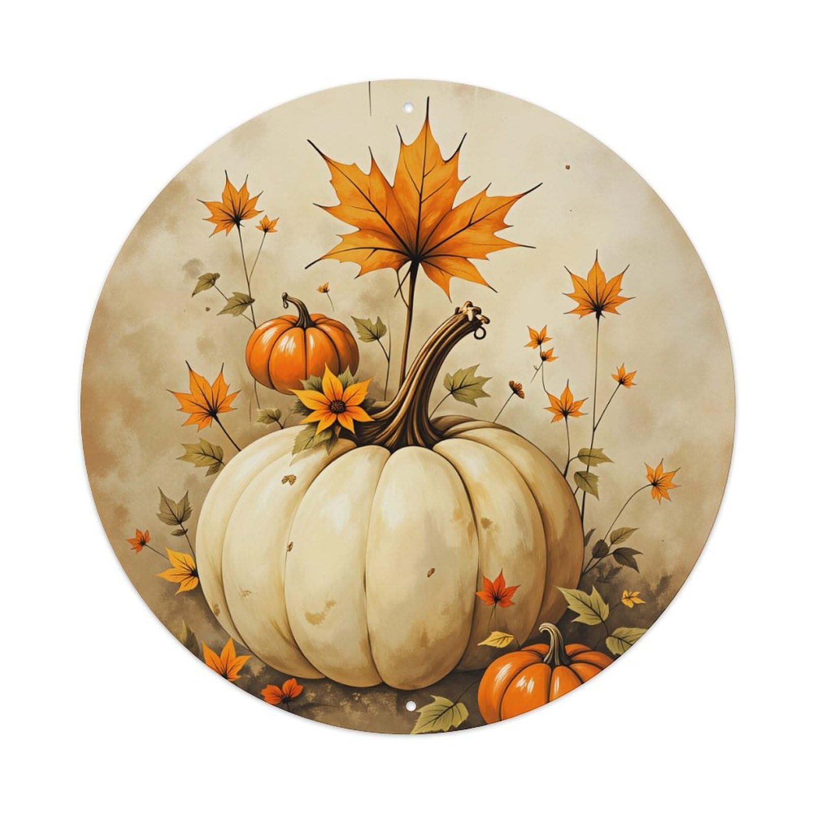 Pumpkin Autumn Leaves Flowers Harvest Round Tin Sign Vintage Style Metal Sign Home Bar Garden Wall Plaque Decor Metal Poster 8x8 Inch