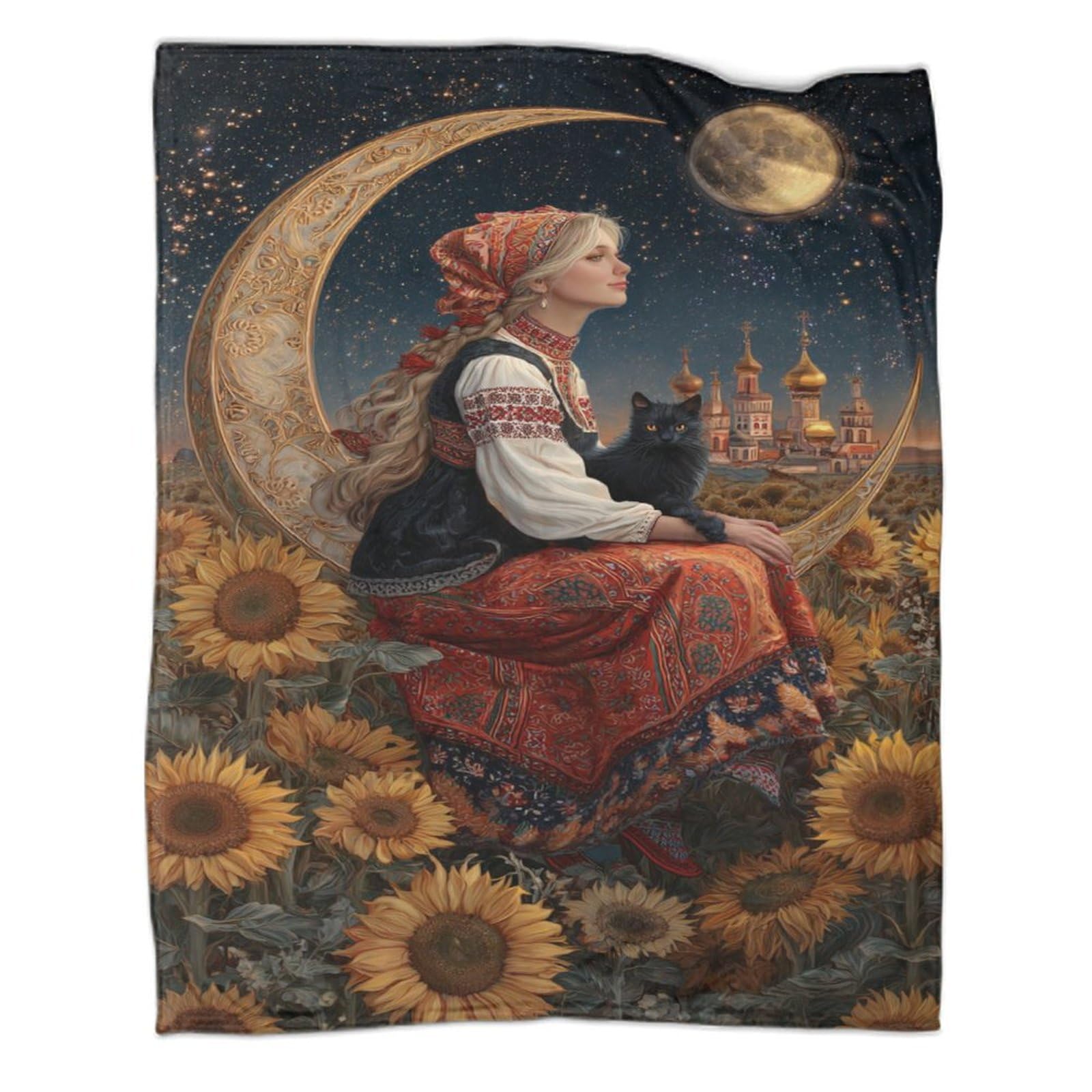 kaiyun A Beautiful Maiden, A Crescent Moon, And Blooming Sunflowers Bedding Blanket Printed Fluffy Soft Comfortable Suitable for Sofa Bed 40x50inch(100x130cm)