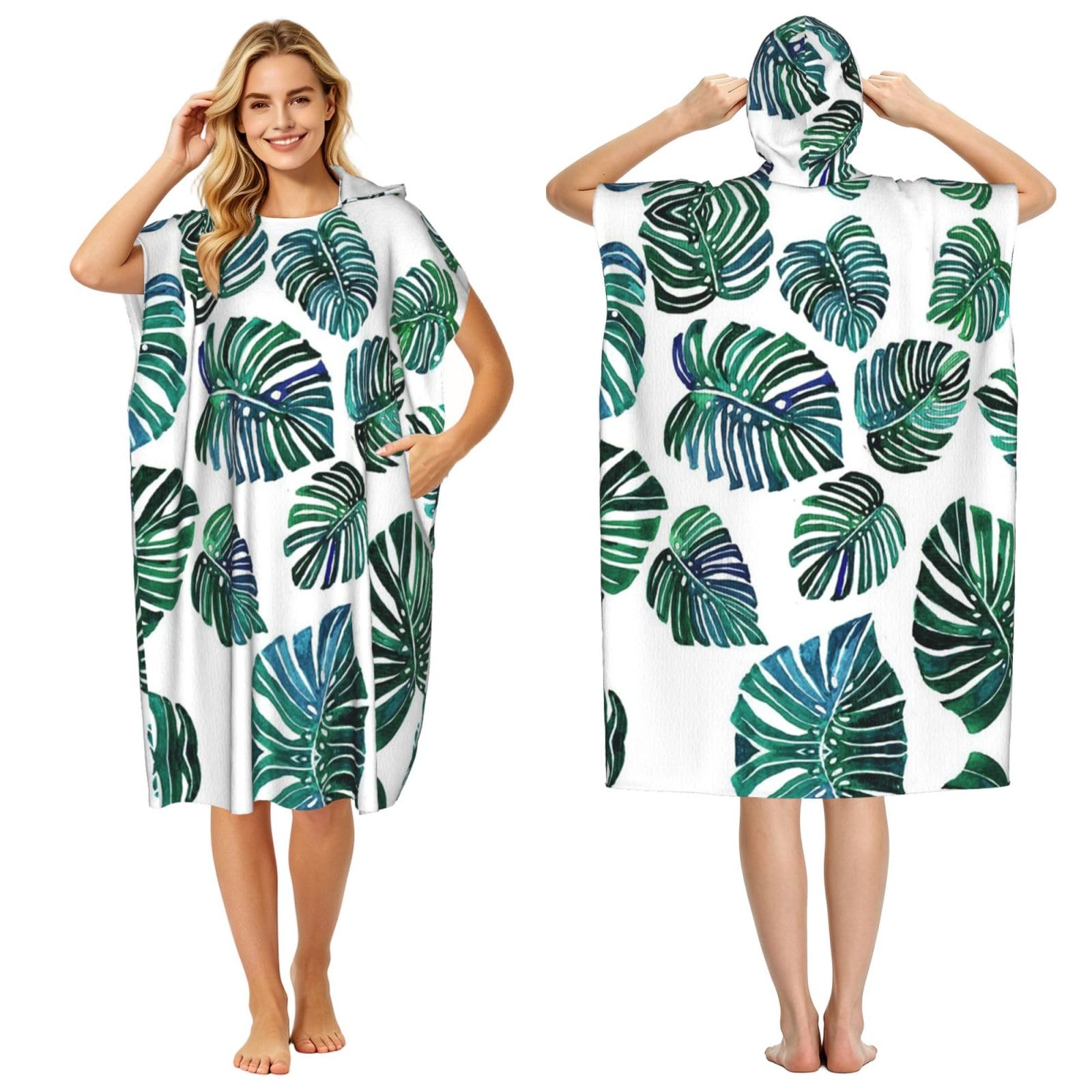 EZDLOWVBA Banana Leaves Print Hooded Poncho Microfiber Beach Towel,Adult Women & Men Changing Robe,Lightweight Summer Surf Swim Bath Poncho Towel