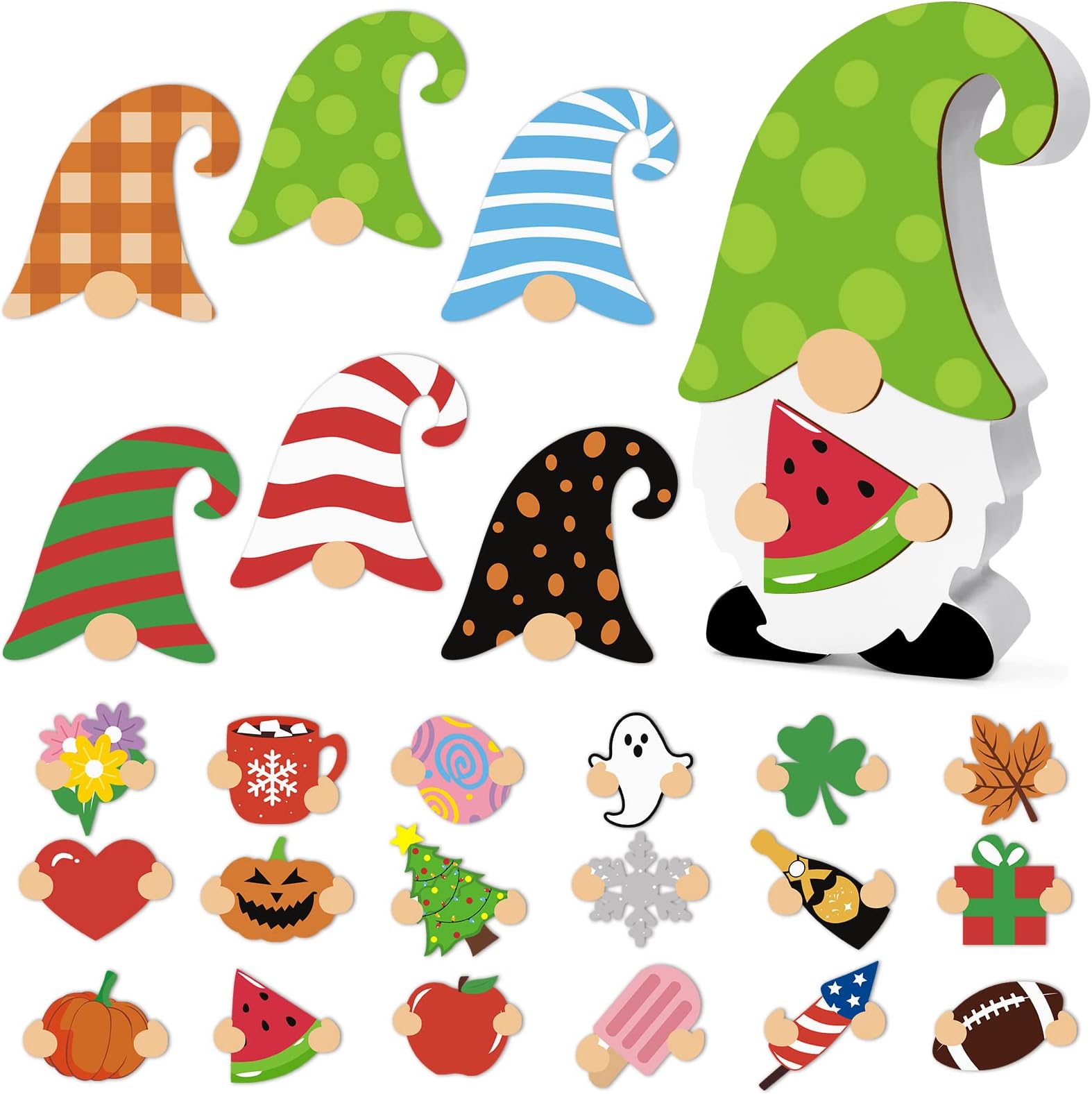 Huray Rayho Interchangeable Wooden Gnome Decor Holiday Seasonal Tiered Tray Decorative with 25 PCS Magnet Swappable Pieces Detachable Hat Cutout Home Sign Fall Thanksgiving Christmas Housewarming Gift