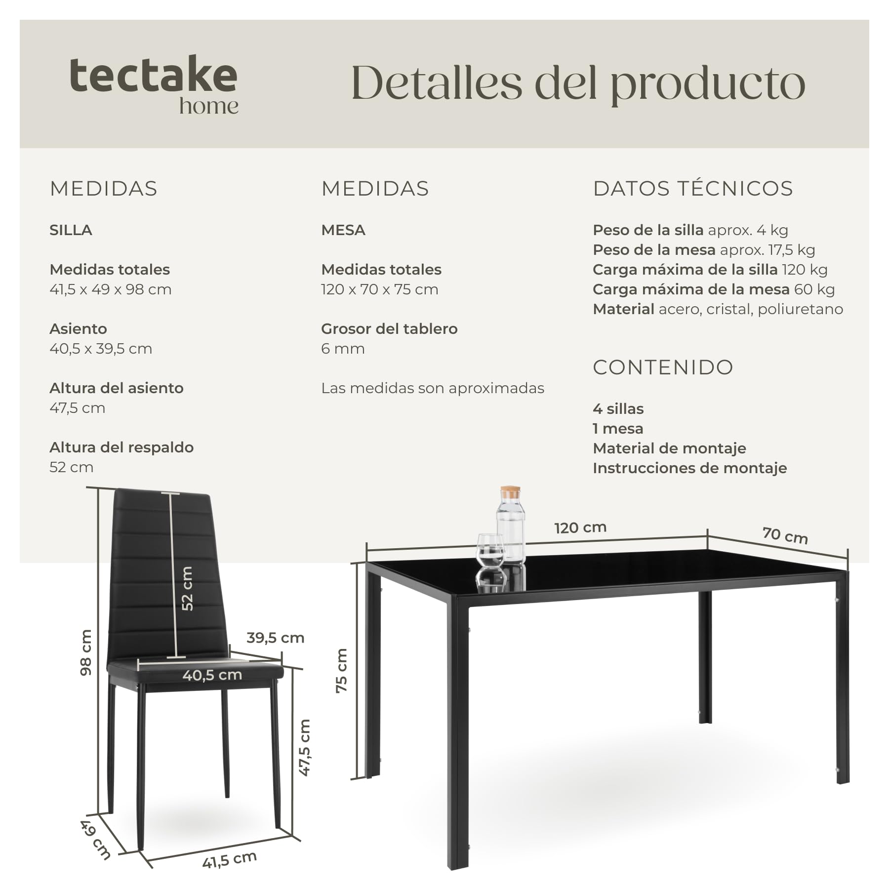 tectake® Dining Table and Chairs Set, Safety Glass Top and 4 Faux Leather Upholstered Kitchen Chairs, Steel Frame, Dining Chairs, Kitchen Furniture Set - Black — view 6
