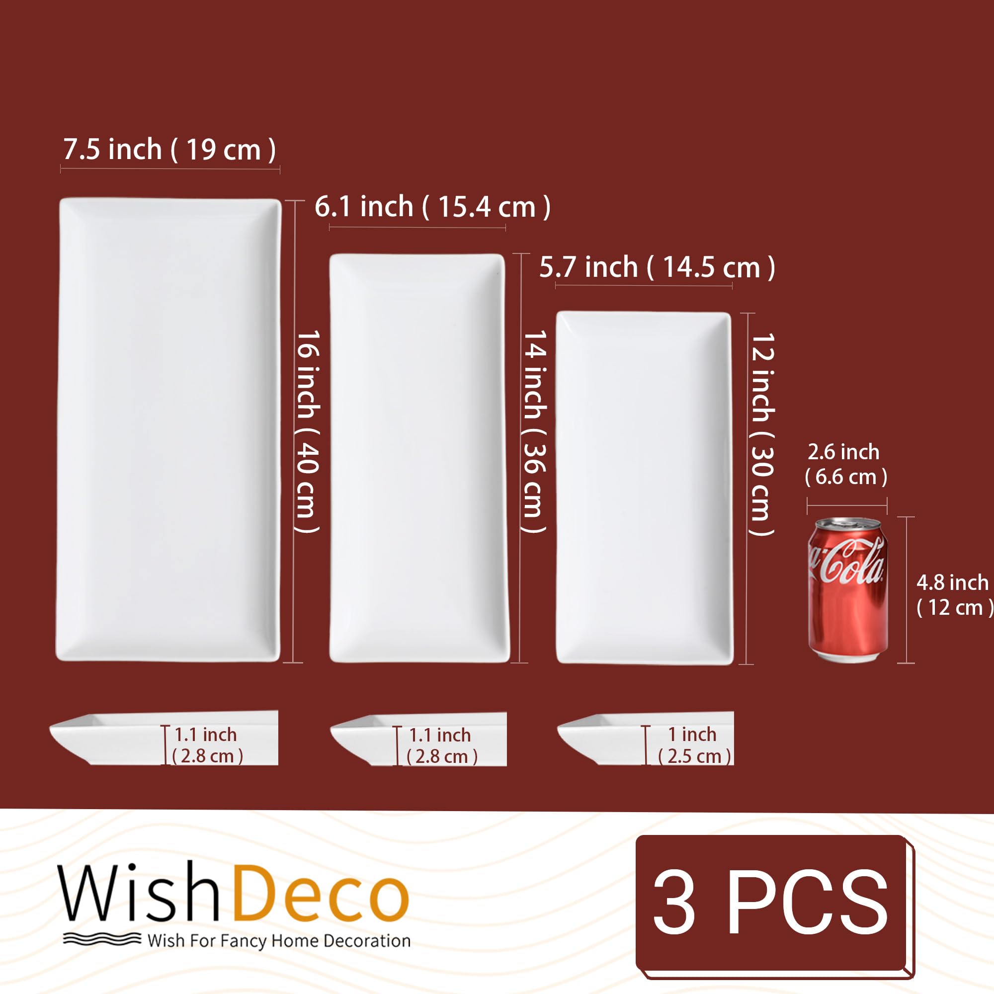 WishDeco Set di 3 piatti da portata in ceramica, piatti rettangolari bianchi da 40/35/30 cm, grandi vassoi da portata da 40/35/30,5 cm, piatti da portata in porcellana, piatti da portata per dessert
