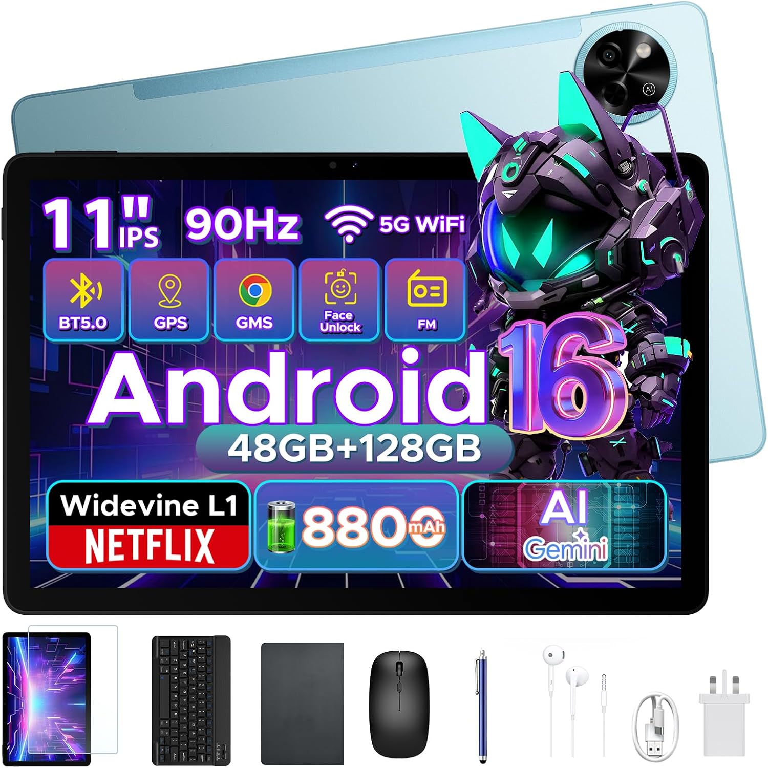 P11 11 Inch Tablet, Android 16 Tablet with Gemini AI, 48GB RAM+128GB ROM/TF 2TB, Octa Core T7250, 90Hz Display 8800mAh Tablets with Keyboard, Pen, 13MP+5MP, 3.5mm Headphone, 5G WIFI, OTG, Blue