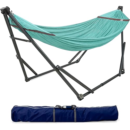 Tranquillo 600lb Capacity 2 Persons Instant Set Up NO Screw Needed Foldable Portable Double Hammock with Stand & Carry Bag for Garden Camping, Sky