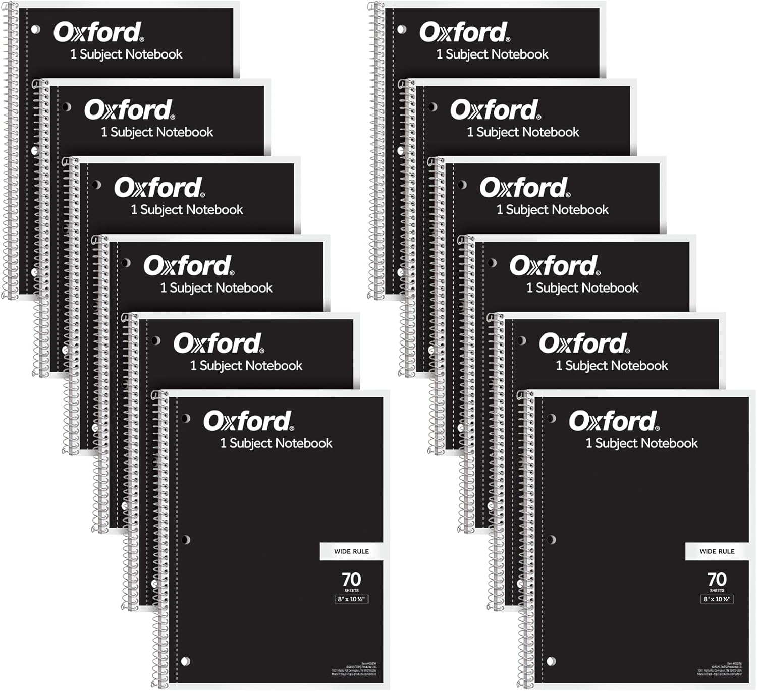 Oxford Spiral Notebook 12 Pack, Bulk College Ruled Spiral Notebooks for School, 1 Subject, Wide Ruled Paper, 8 x 10-1/2 Inch, Black Covers, 70 Perforated Lined Sheets, Writing Journal (65216)