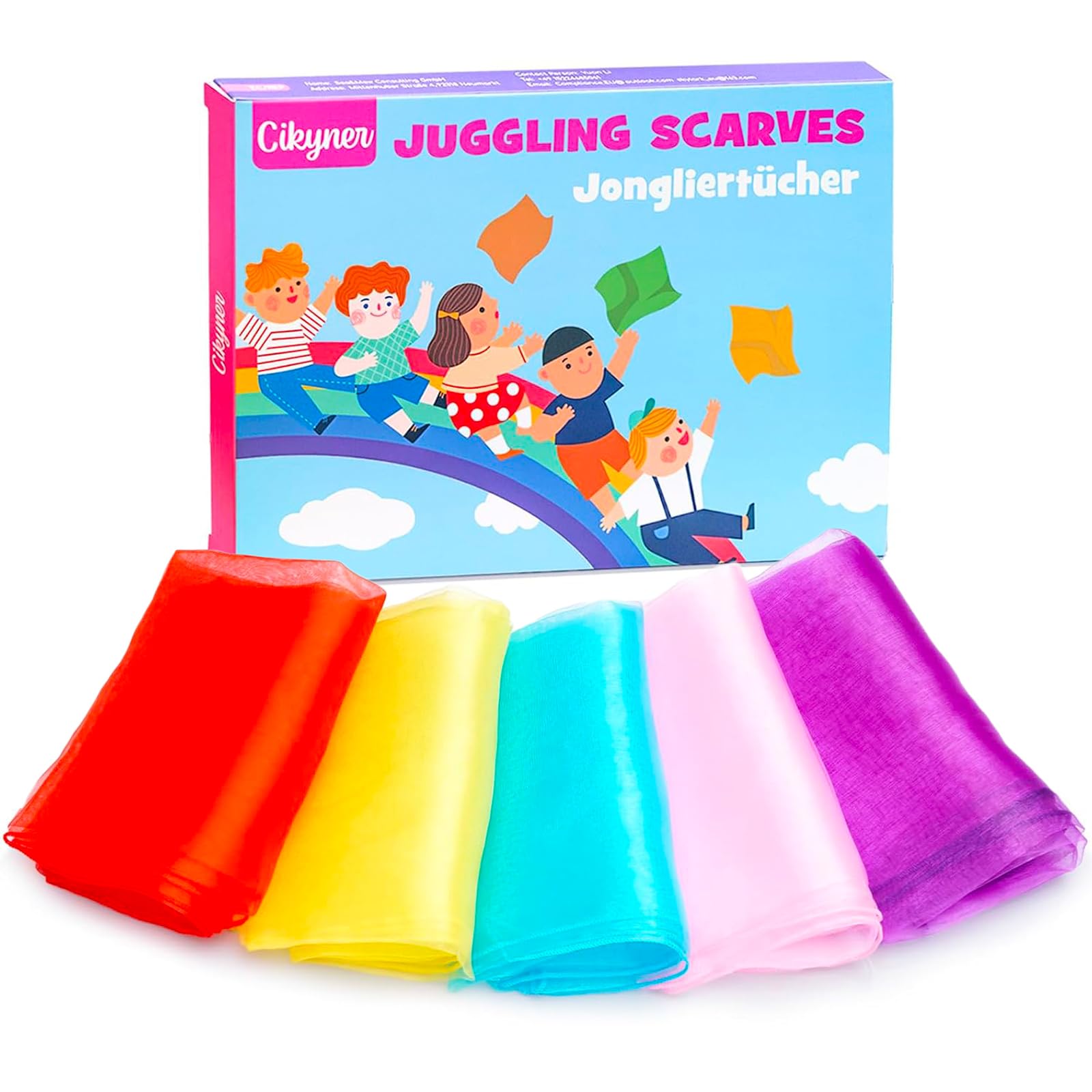 Cikyner Juggling Scarves, 5 Pcs Colorful Chiffon Cloths 60x60cm Dance Scarves Juggling Cloths for Dance Gymnastic Clothes Dance Towels for Indoor & Garden Dancing, Juggling, Sensory Game for Children