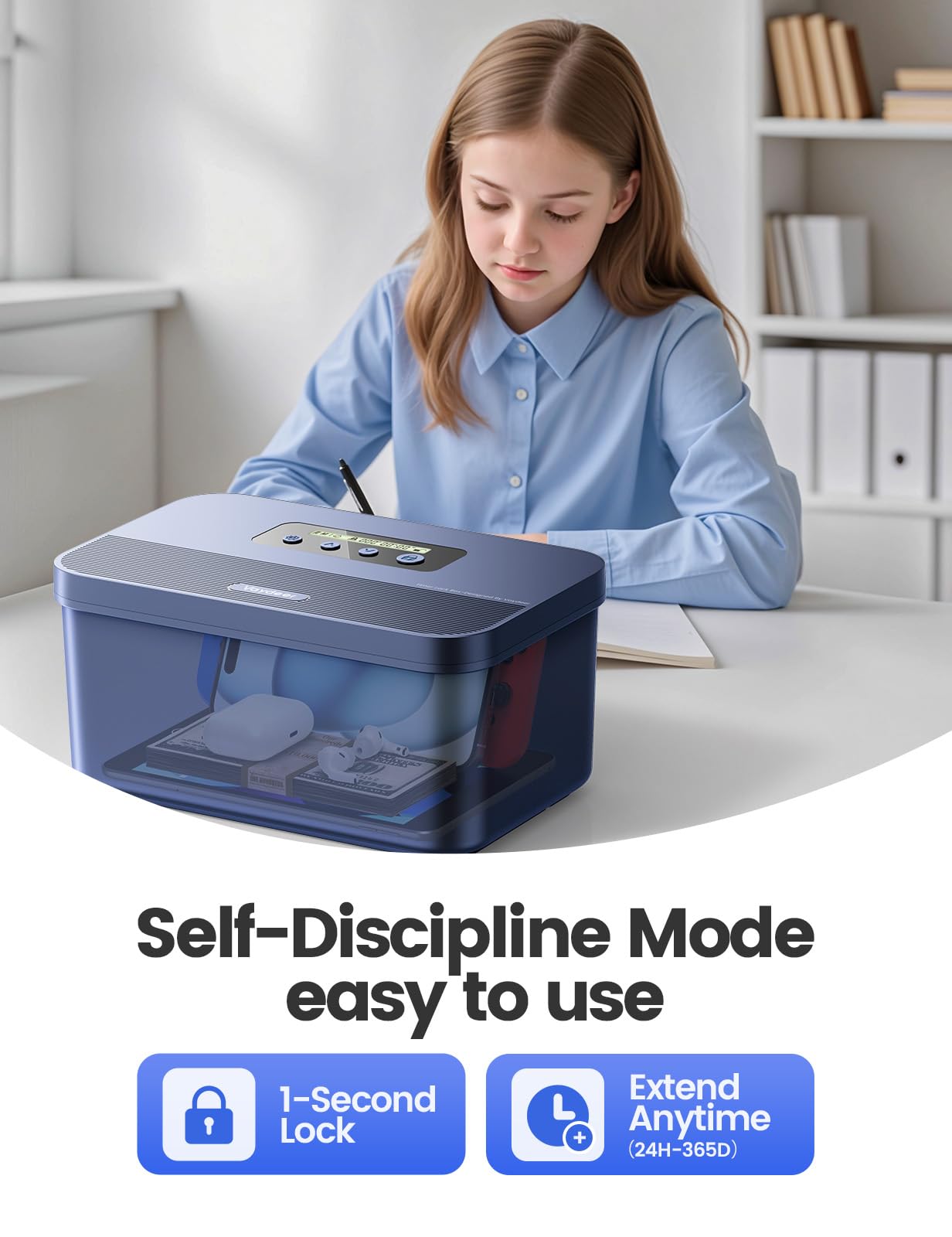 Vaydeer Safe Timed Lock Box, Phone Lock Box with Timer Unplug from Phones, Video Games, Social Media, Snacks & Cravings, Self-Control Lockable Storage Box for Focus & Self-Control(Dark Blue)