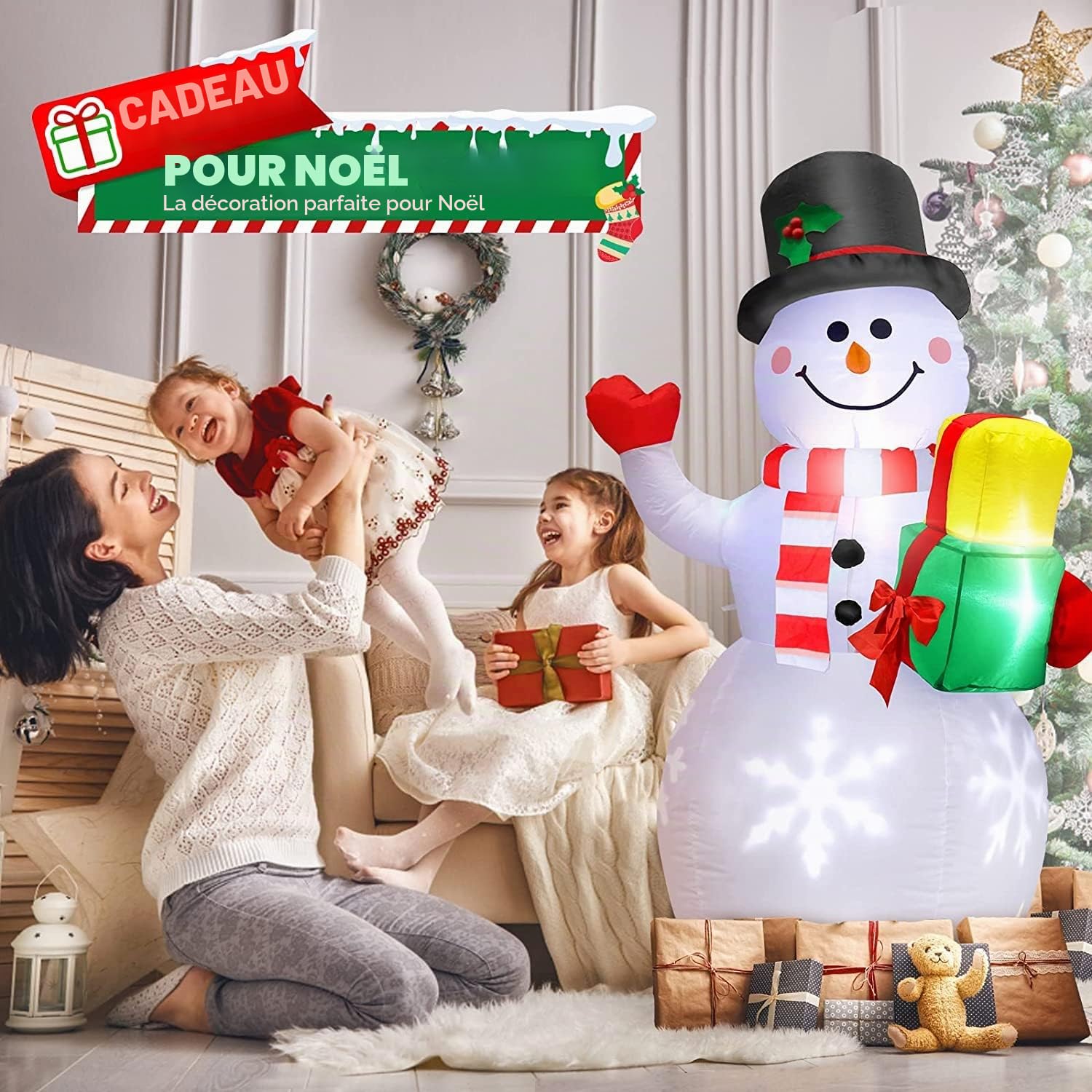 150CM Noël Bonhomme de Neige Gonflable Extérieur Étanche Lumière LED, Noël Décoration Gonflable Lumineuse LED Extérieur Pelouse Jardin Cour Accueil