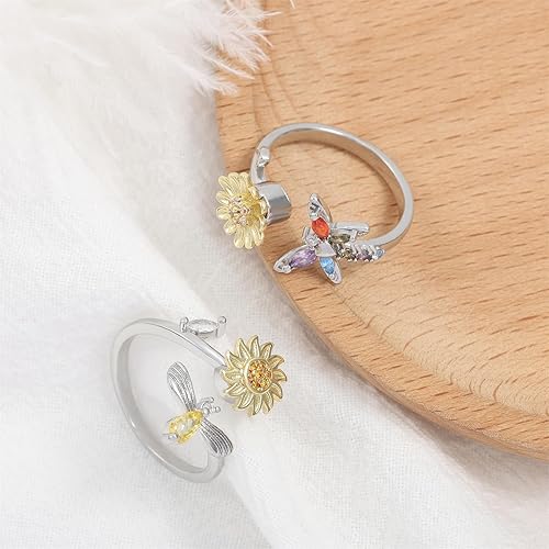 Miniatura 7 de JUNVirtuous Anillo de ansiedad para mujeres, anillos giratorios de girasol, anillo giratorio abierto, ajustable, regalo de girasol para mujeres y
