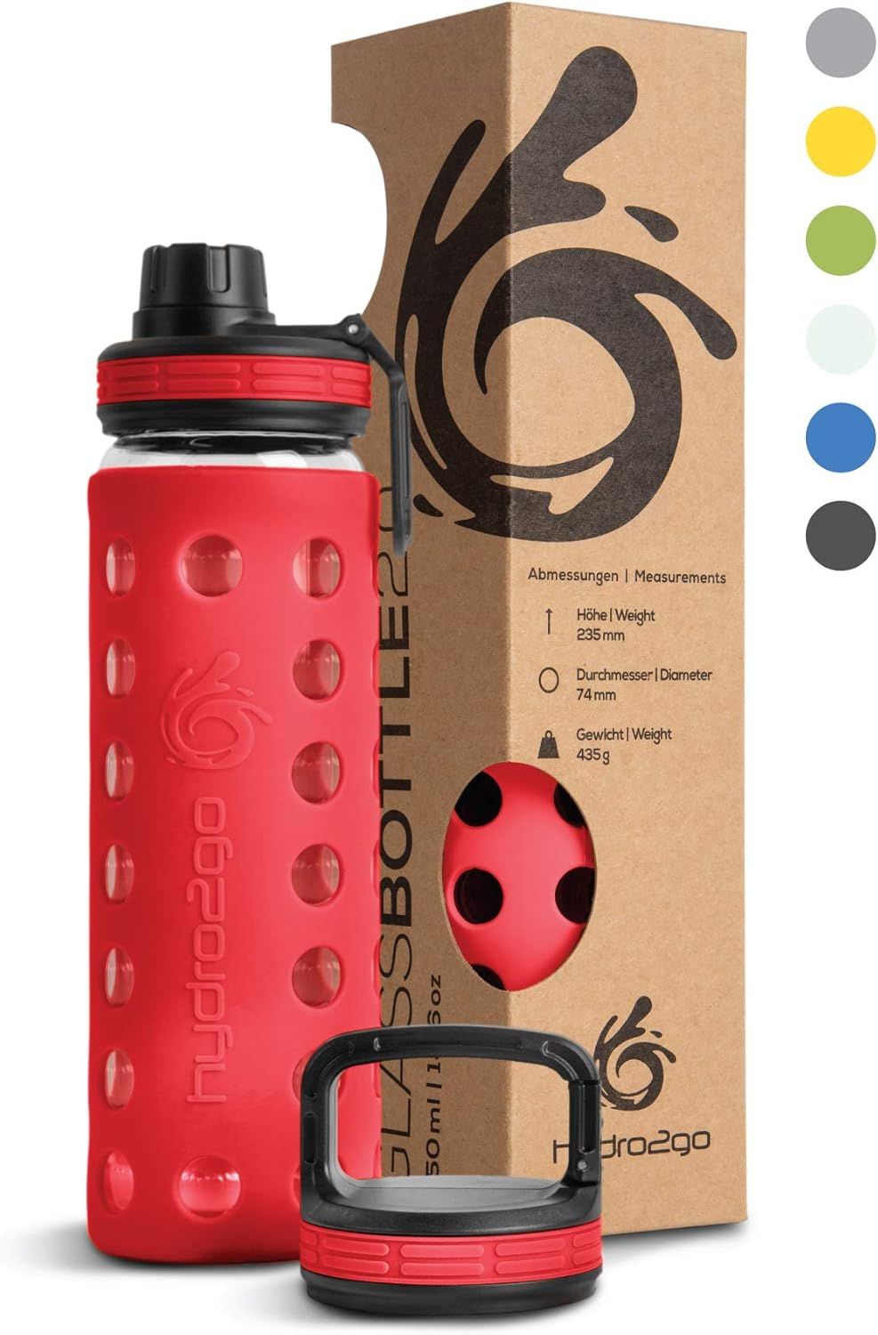 hydro2go Glass Water Bottle with Silicone Sleeve, 2 Lids, 100% Leak-proof & BPA-free, Dishwasher Safe, 550 ml, Kids, Office