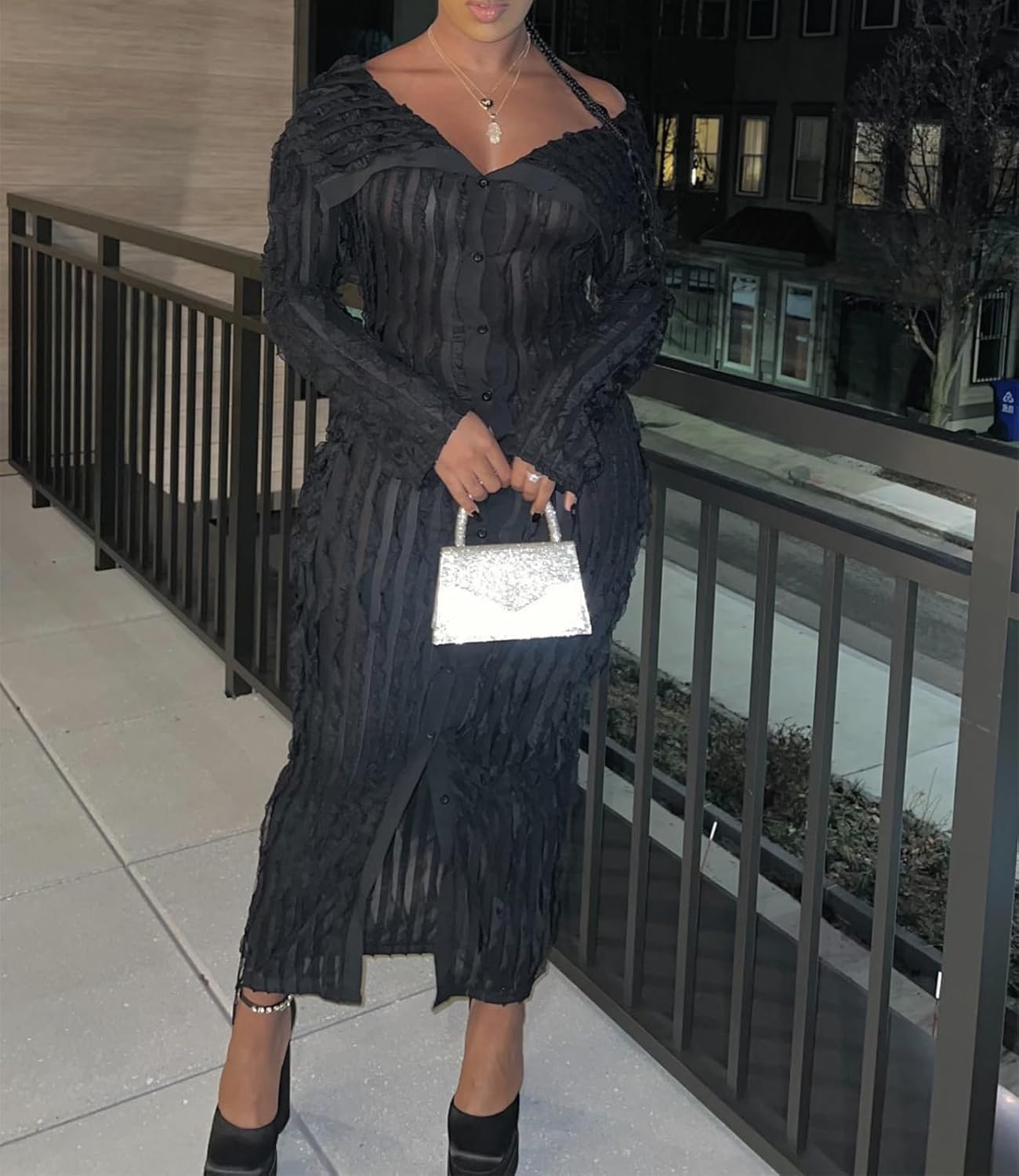 Womens Sexy Off Shoulder Maxi Dress Pleated See Through Flare Sleeve Button Down Slit Bodycon Long Dresses