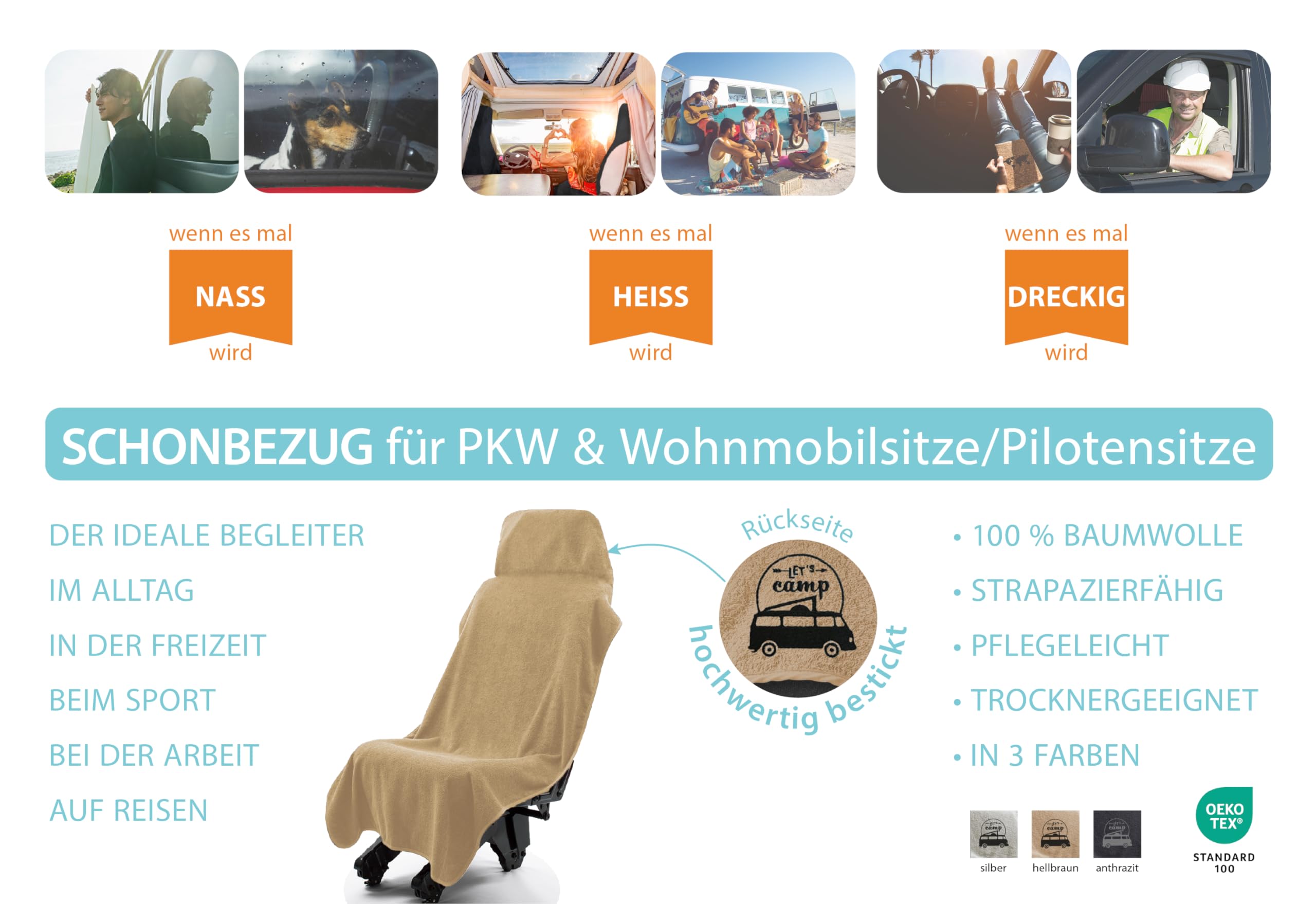 Castejo Schonbezug mit Stickung Let's Camp zum Schutz der Sitze im Wohnmobil & Auto (Hellbraun/Lets Camp)