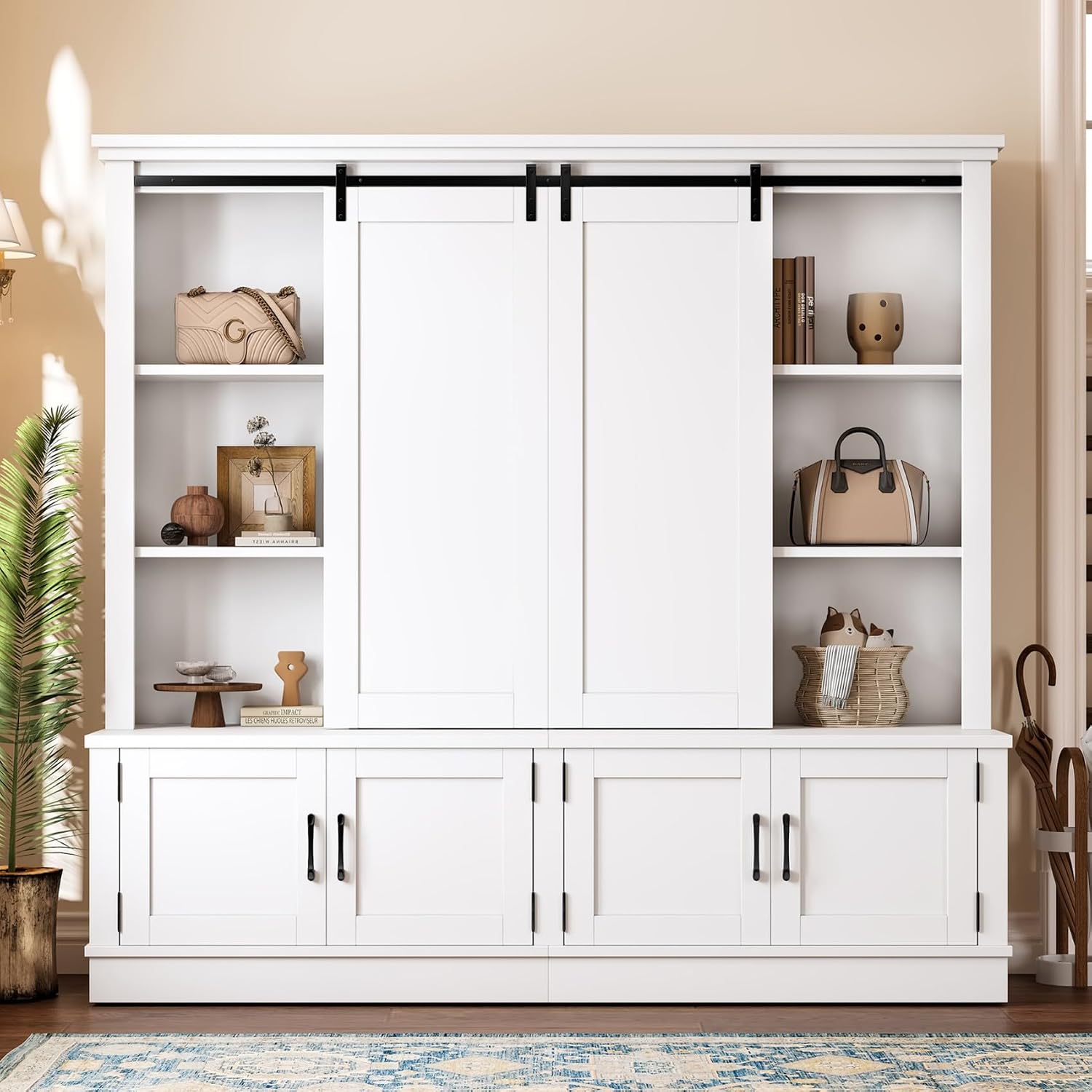 KEIKI Entryway Hall Tree Cabinet with Sliding Barn Door, Shoe Storage, Multiple Functions Halltree with Ample Storage Space, Tree-Shaped Entryway Organization for Entry Way, Hallway, Living Room
