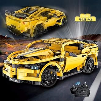 xwin sportseries DIY Block Building Remote Control Car Kits, 2.4GHz Remote Control & ABS Material, Openable Door, Liftable Rear Wings, Suitable for Kids Block Yellow Car 419 Pcs