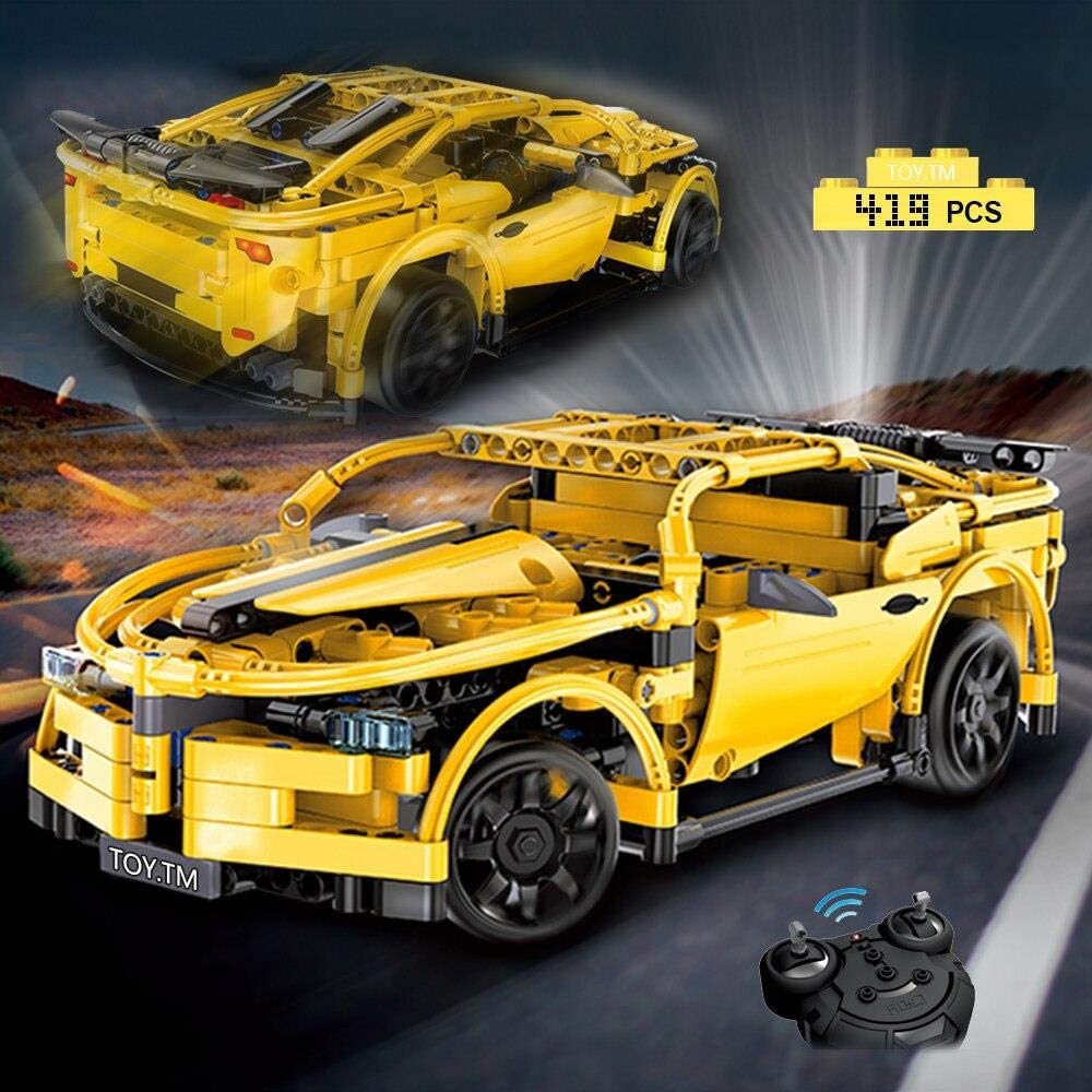 xwin sportseries DIY Block Building Remote Control Car Kits, 2.4GHz Remote Control & ABS Material, Openable Door, Liftable Rear Wings, Suitable for Kids Block Yellow Car 419 Pcs