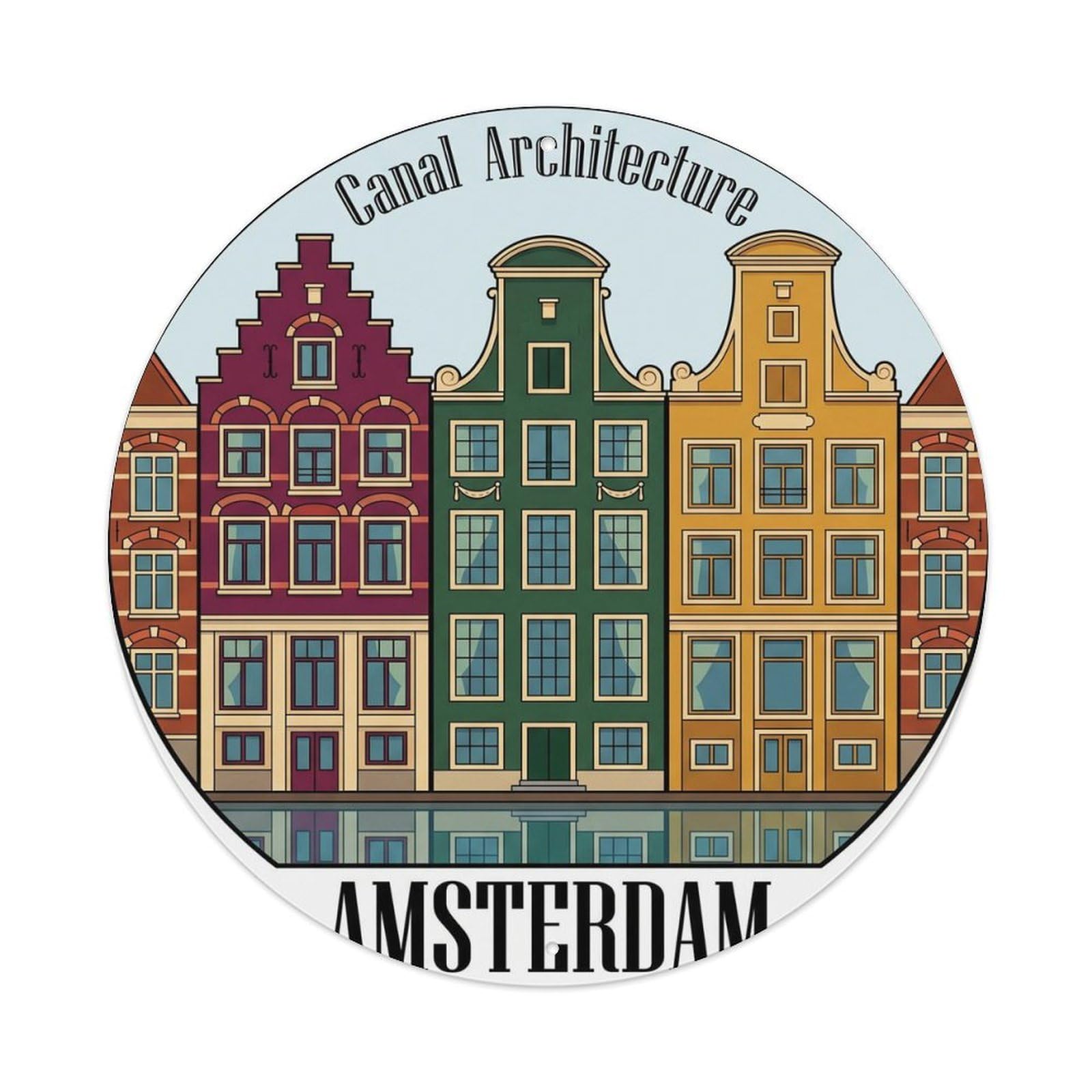Classic Amsterdam City Canal Houses Scenic Landmark Europe Metal Tin Sign Plaque Wall Decor for Cafe, Man Cave, Club Bar, Office, Home Garden Round Metal Poster 8x8Inch
