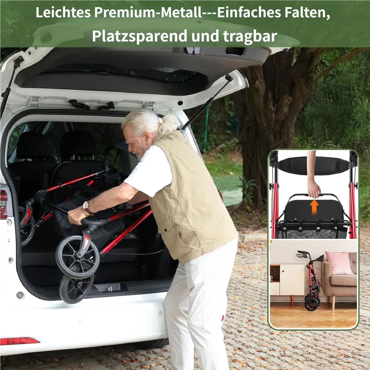 WALK MATE Rollator Faltbar und Leicht mit Sitz,bis 159kg belastbar | Rollator für die Wohnung Outdoor mit Rutschfeste Räder,höhenverstellbare Gehhilfe aus Aluminium inkl.Tasche und Stockhalter
