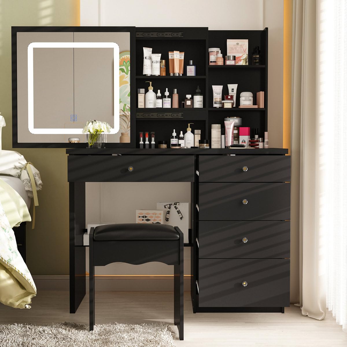 Ozone Engineering Wood Makeup Vanity Table with LED Mirror | Modern Black Finish, Dimmable LED Light, Includes Stool, Lighted Mirror-image-21