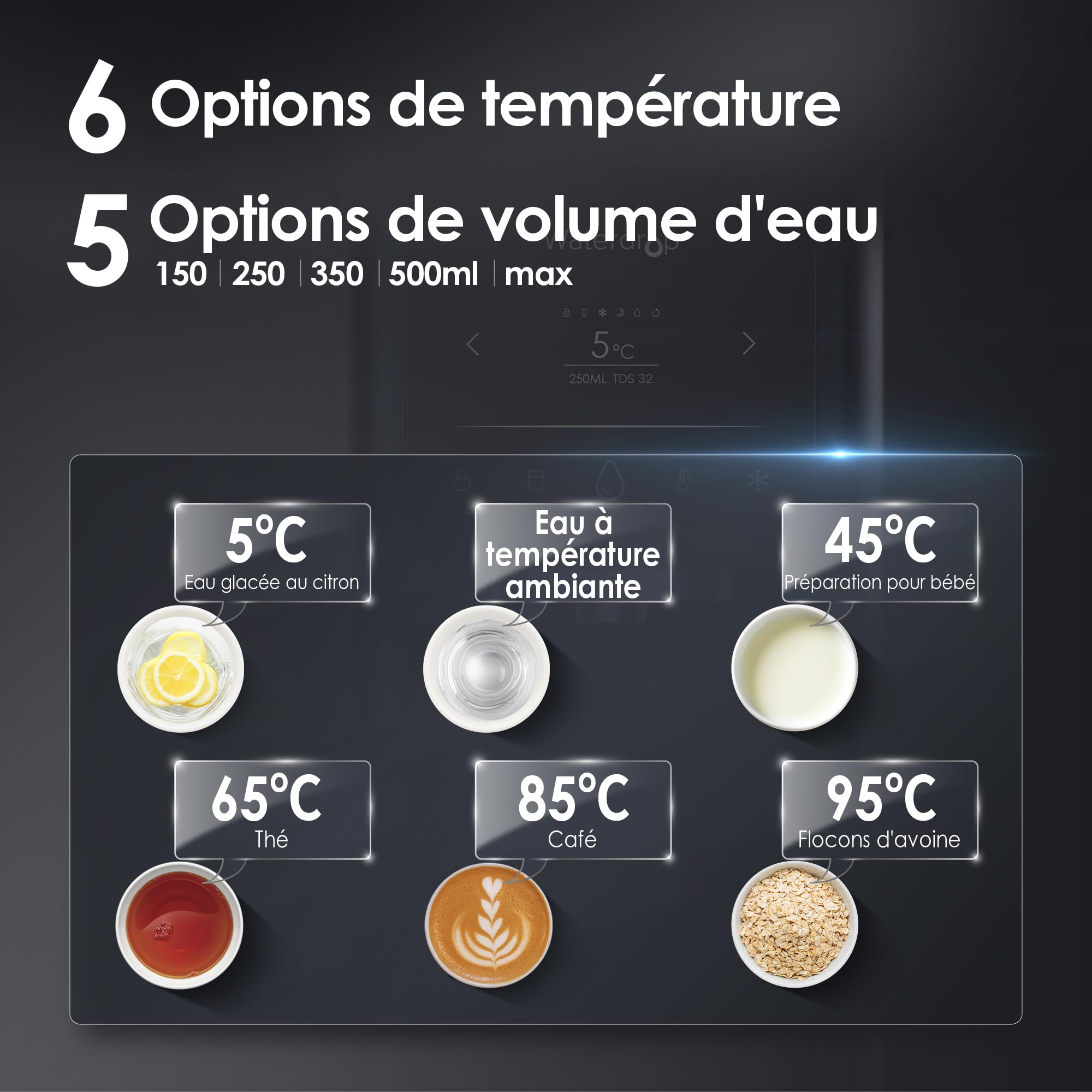 Waterdrop WD-A1 Système d'Osmose Inverse de Comptoir, Distributeur d'eau Chaude et Froide, Norme NSF/ANSI 58, Refroidisseur d'eau sans Bouteille, 6 Réglages de Température, 2:1 Pure à l'Égouttage