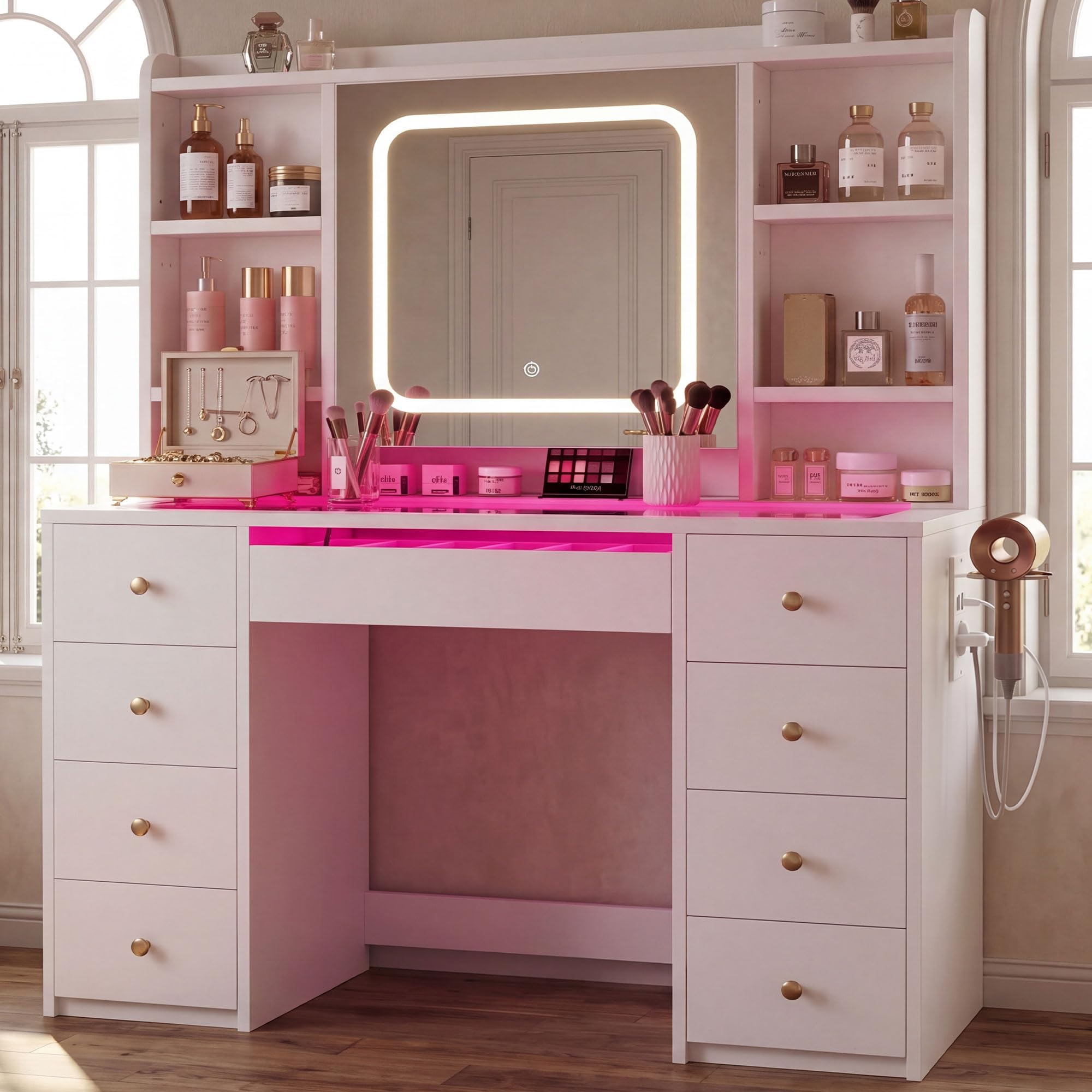 Heybly Tocador de Maquillaje con Espejo LED y Luz, Tocador Grande con Cajones y Cristal, Luces RGB, Enchufes y Puertos USB, Tocador Moderno Blanco para Dormitorio BDT001WT