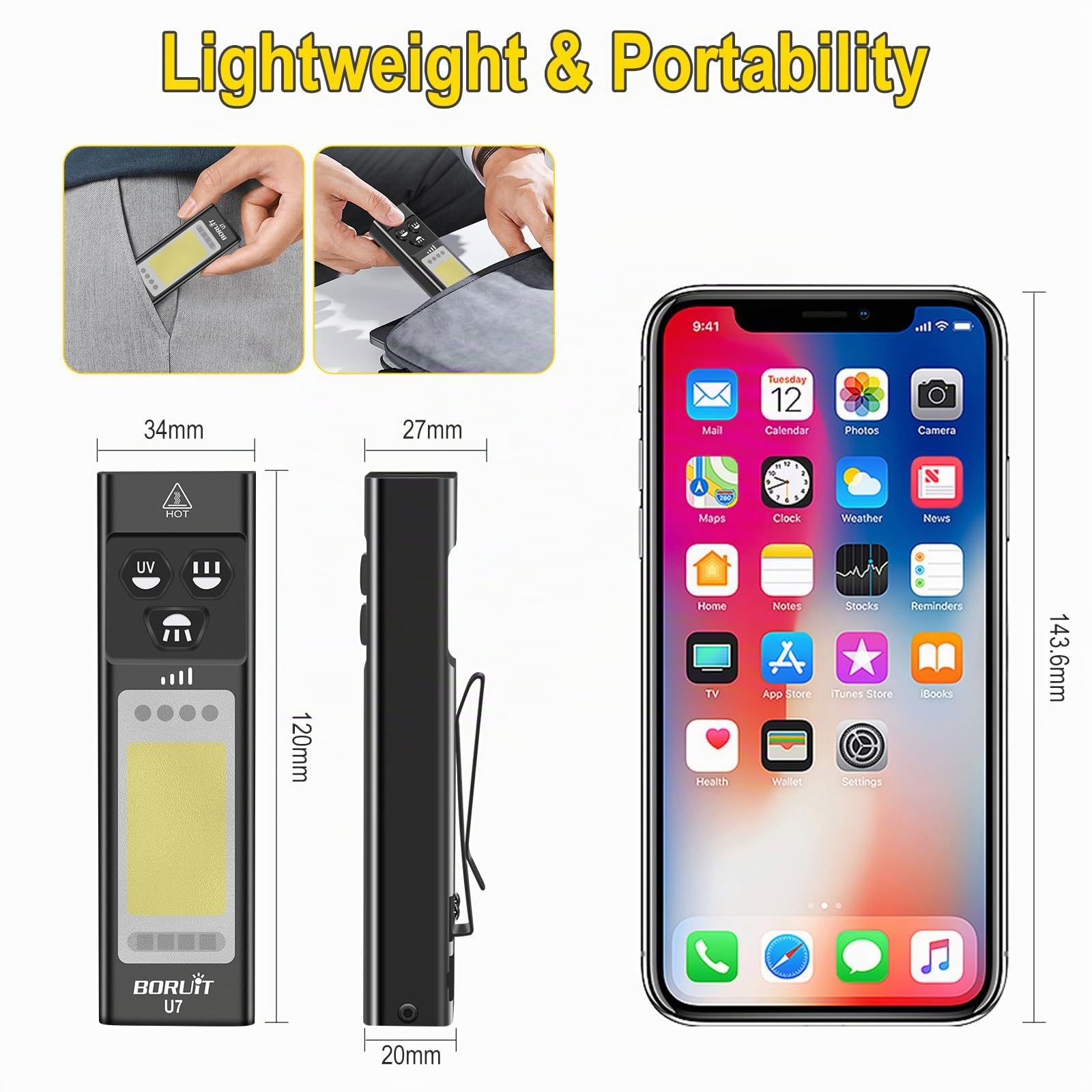 Boruit U7 Torcia LED Potente Professionale, 1100 Lumen Ricaricabile 365nm UV Torce, Mini RGB Flashlight (con Clip, Calamita) - COB IP65 Impermeabile per Campeggio Emergenza