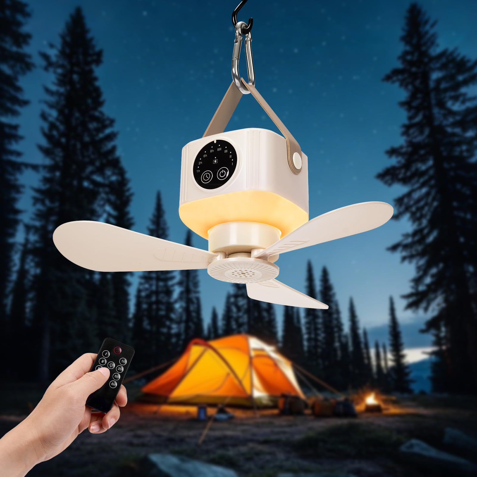 Portable Ceiling Fan with Lights Remote,USB Rechargeable Camping Fan,9.25" Wireless Tent Fan with 4 Speeds,Timer,Battery-Powered Ceiling Fan for RV,Truck,Rooftop Tent,Travel,Camping (Lvory)-image-14
