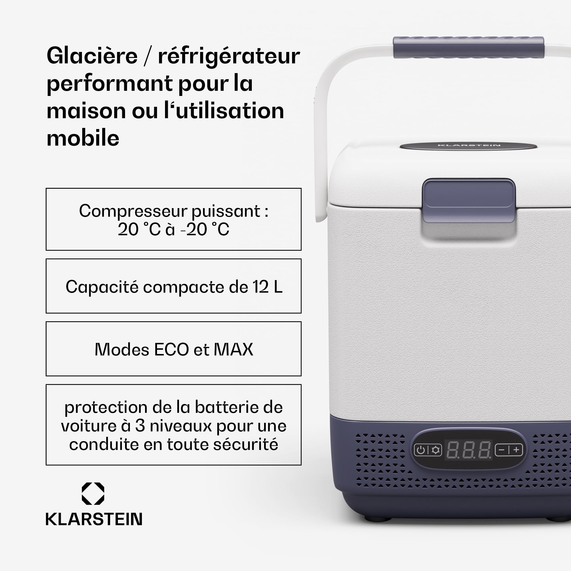 KLARSTEIN Mini Frigo Glacière Électrique Portable 12L SwiftFrost - Grand Écran LCD, Compresseur Puissant, Design Mobile Antichoc, Alimentation Polyvalente, Accessoires Inclus, blanc