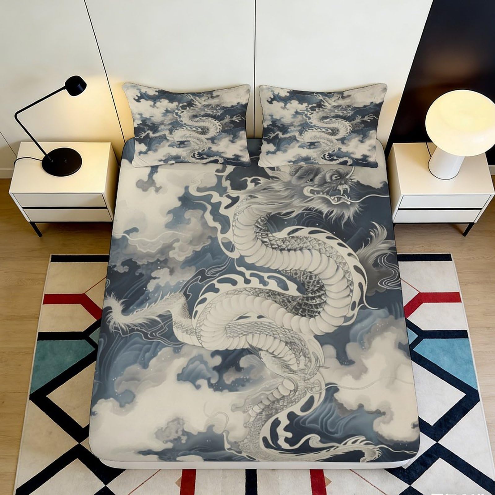 3D Printed Oriental Dragon Fitted Sheet Microfiber Soft Anti-Slip Clouds Mattress Cover for Bedroom Dorm Decor 200x200x25cm