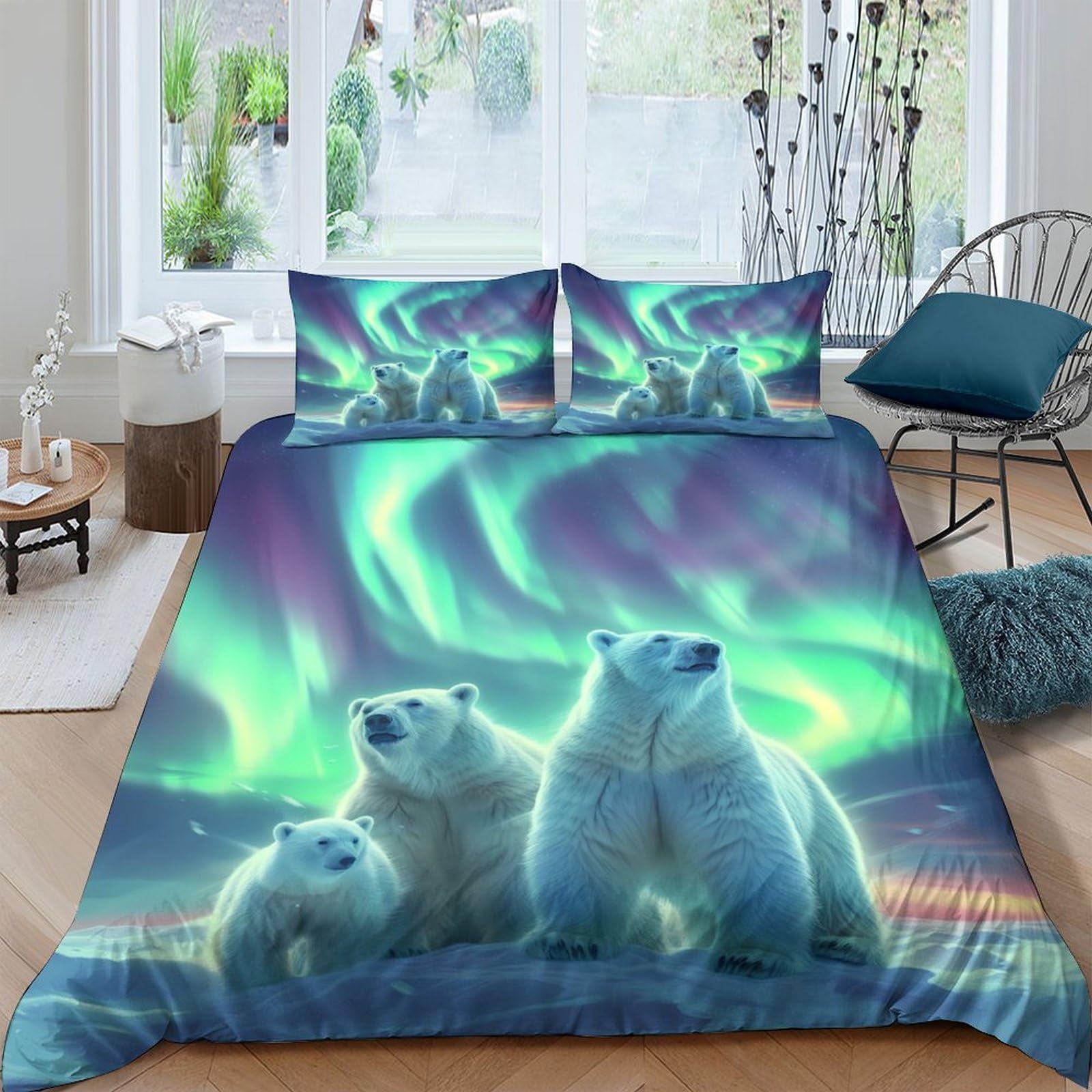 Ctjqhvkz Style-3 3D Printed Northern Lights Fitted Sheet Microfiber Polar Bear Mattress Cover Soft Washable Bedroom Protector Decor Single（135X200cm）