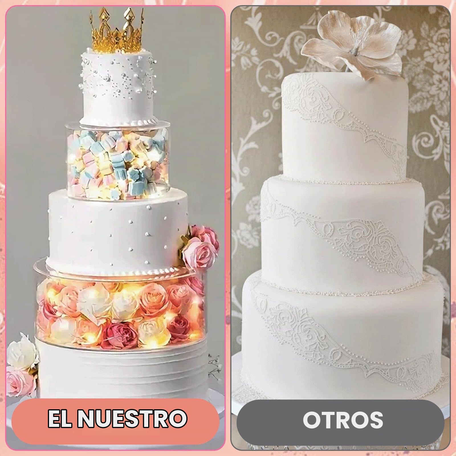 Soporte Acrílico para Tartas, 15cm+25cm Soportes para Tartas Rellenables de Acrílico Transparente con Cadena de Luz Apilables Soporte para Exhibición de Pasteles para Bodas Baby Shower Cumpleaños