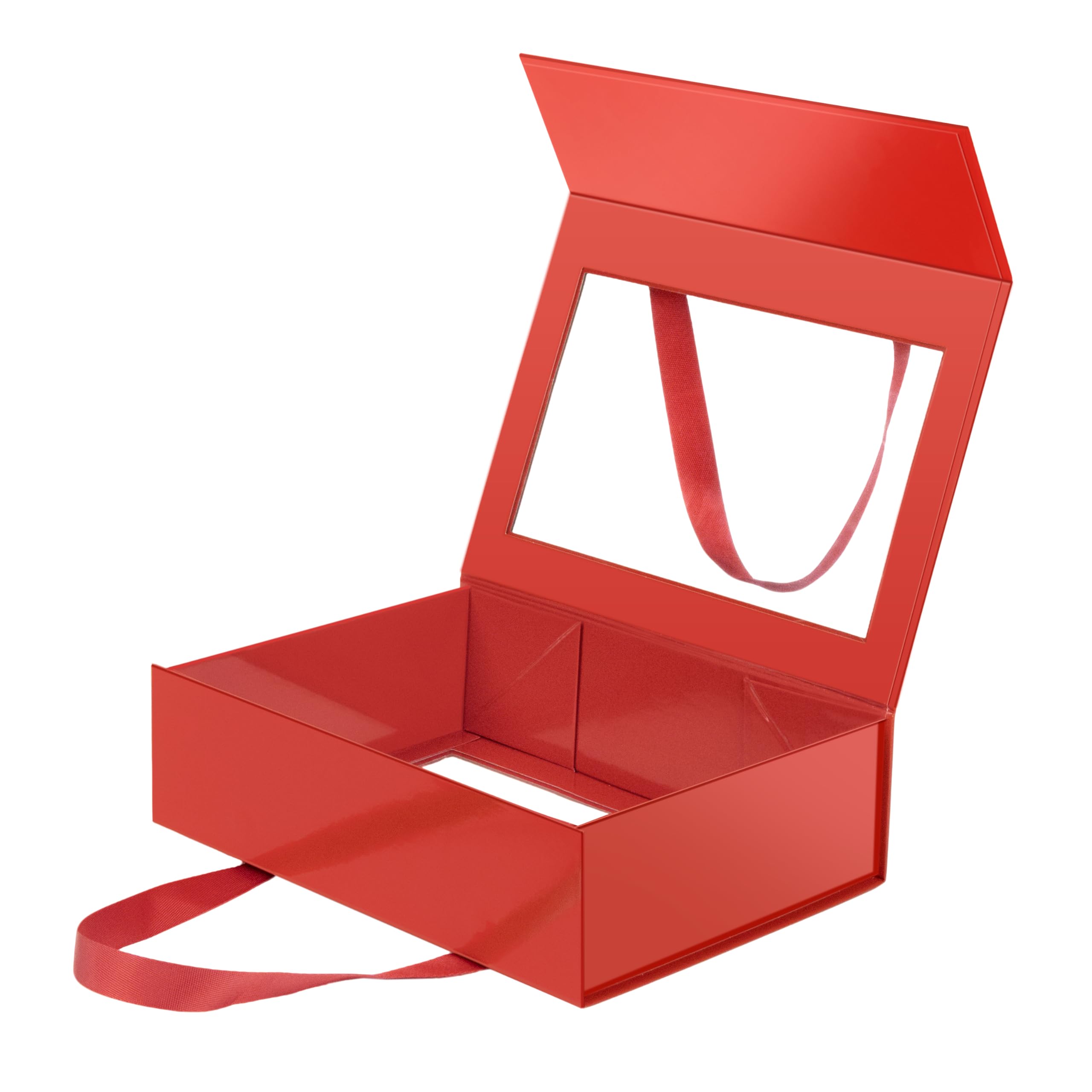 JINGUAN Red Valentine's Day Gift Box with Window, Clear Magnetic Gift Box with Handle for Present, Bridesmaid Proposal Box (10.5x7.5x3 Inches