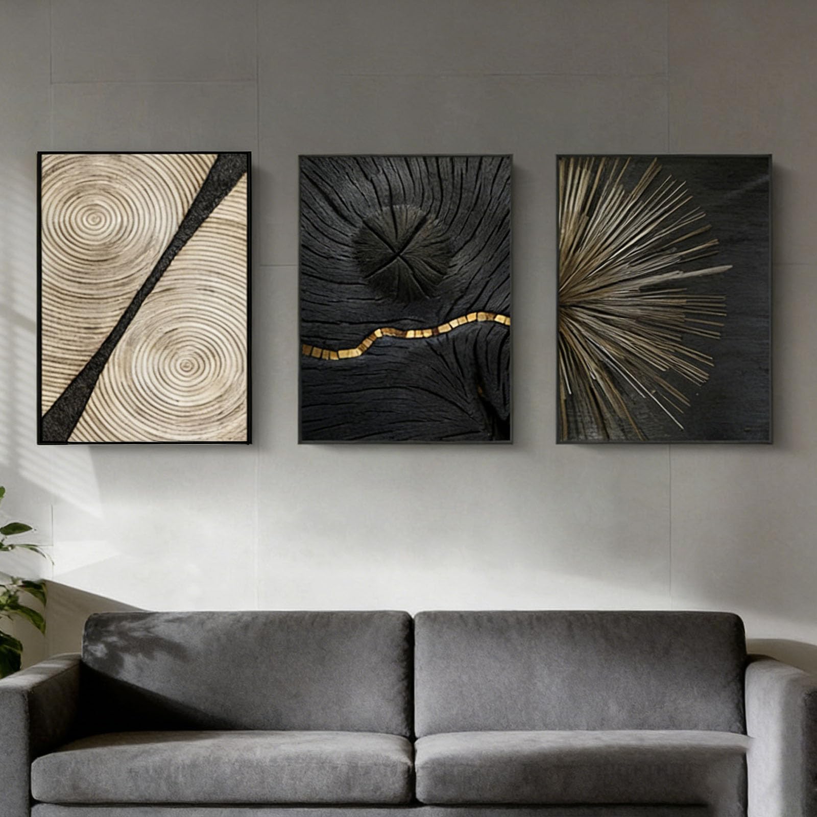 JLCZBT Set de 3 pósteres de diseño, negro y oro, imágenes de arte abstracto para la pared, fotos en línea, oro, decoración del salón, sin marco (anillos de árbol dorados, 40x60cm)