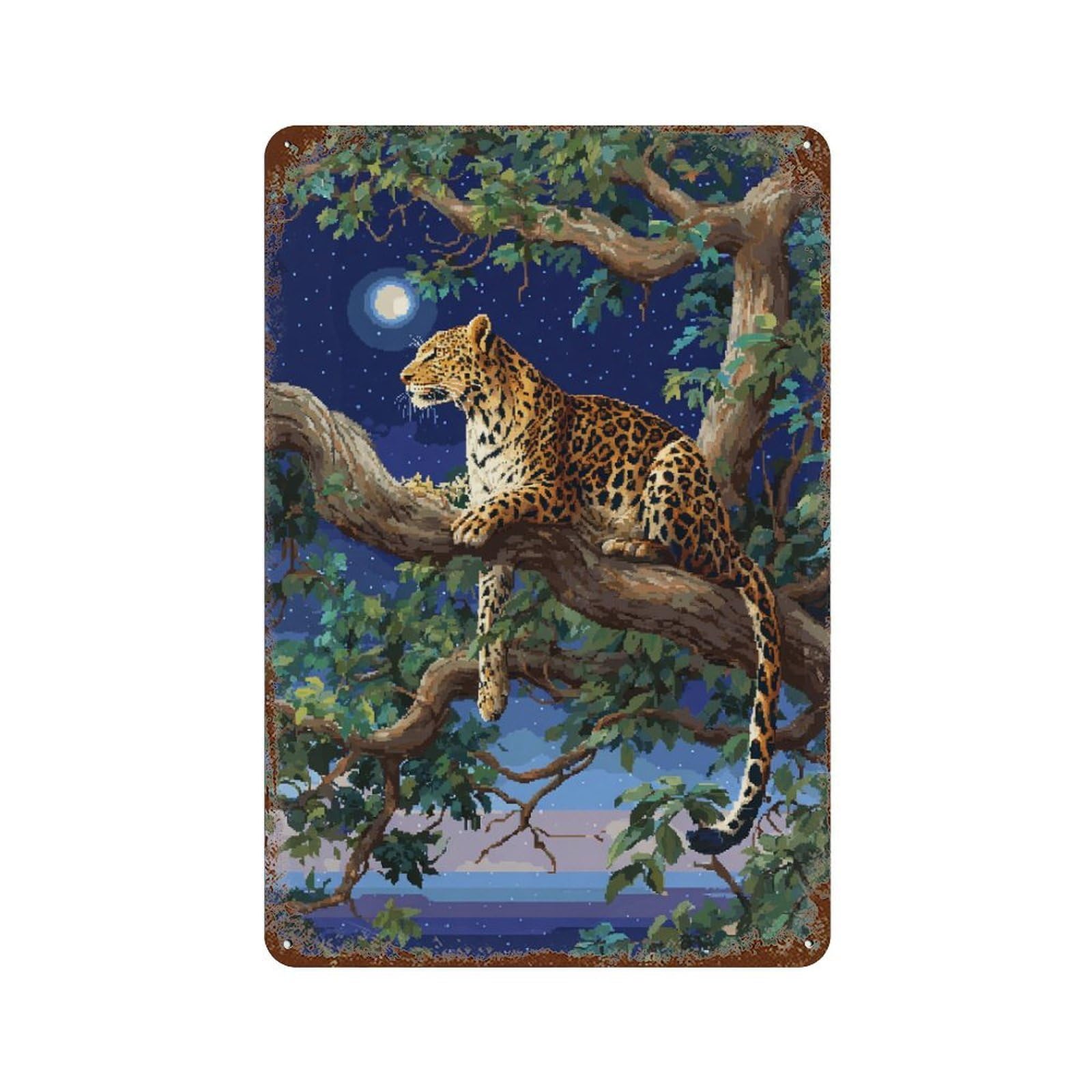 Leopard in Moonlit Tree-2 Rust Effect Tin Sign 11.8"x7.9", Vintage Wall Decor for Pub, Kitchen And Man Cave Decor