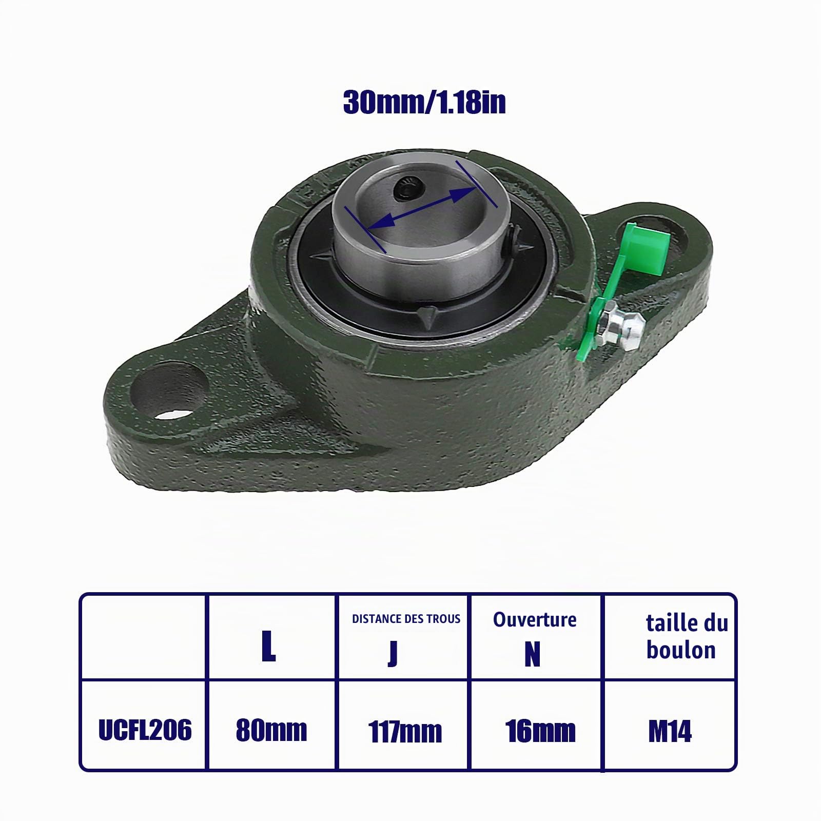 2X Roulements de Bloc d'oreiller UCFL206 30mm en Métal Vert Roulement à Bride Rhombique à 2 Boulons