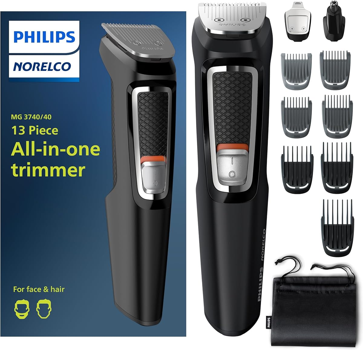 Philips Norelco Multi Groomer - 13 Piece Mens Grooming Kit for Beard, face, Nose, and Ear Hair Trimmer and Hair Clipper - NO Blade Oil Needed, MG3740/40