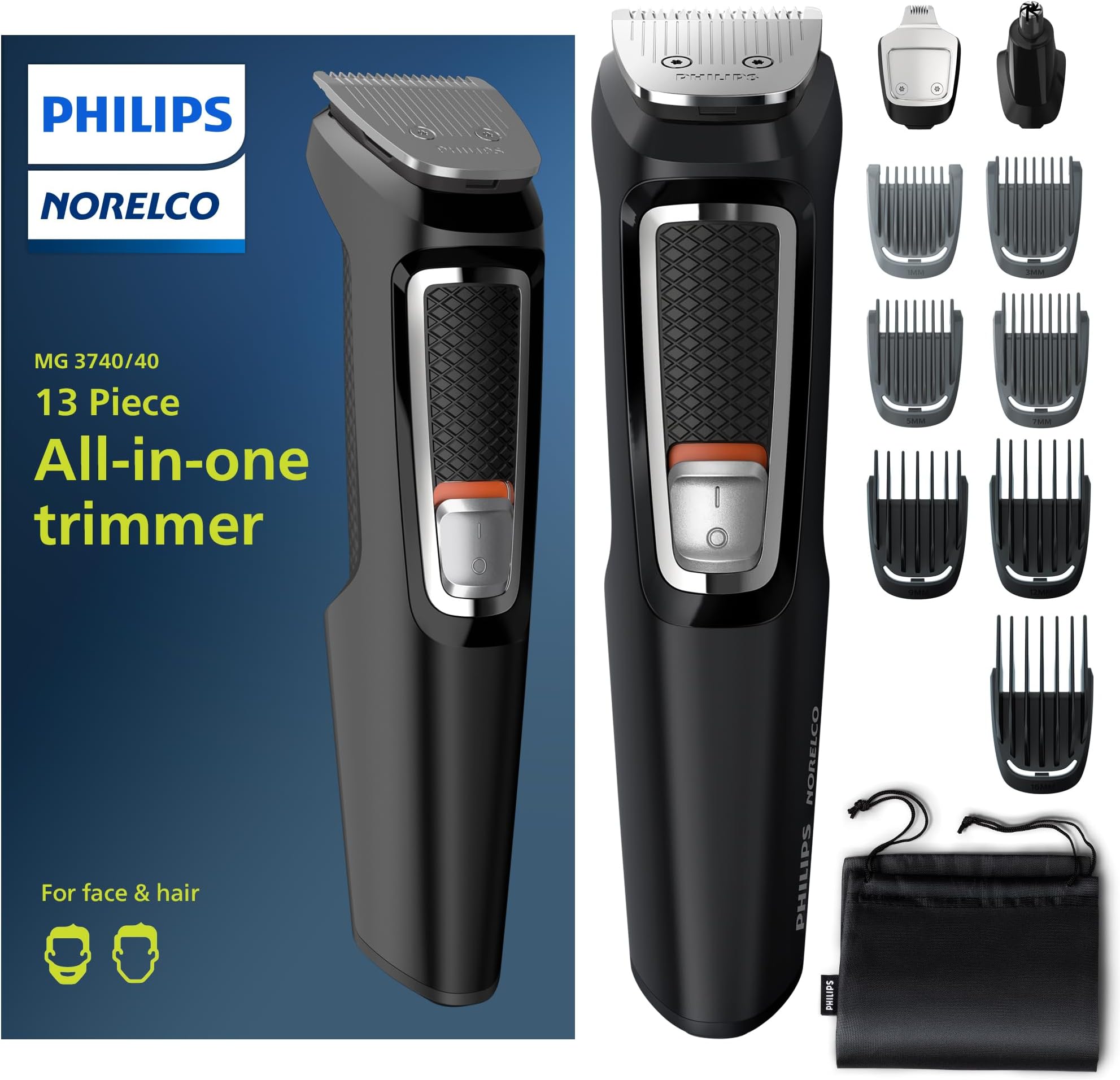 Philips Multi Groomer All-In-One Trimmer Series 3000-13 Piece Mens Grooming Kit For Beard, Face, Nose, Ear Hair Trimmer And Hair Clipper - No Blade Oil Needed, Mg3740/40
